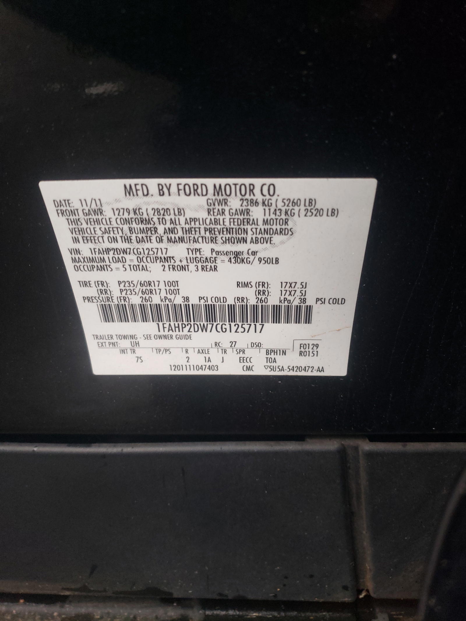 Photo 10 from auction – 2012 FORD TAURUS SE with VIN 1FAHP2DW7CG125717