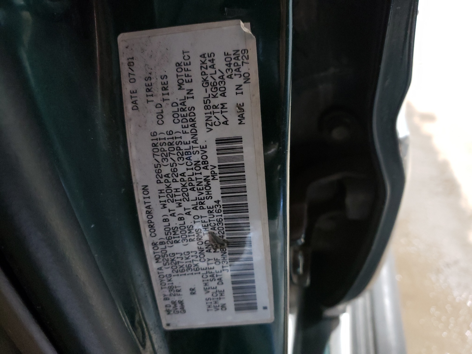 Photo 10 from auction – 2002 TOYOTA 4RUNNER LI with VIN JT3HN87R420361634