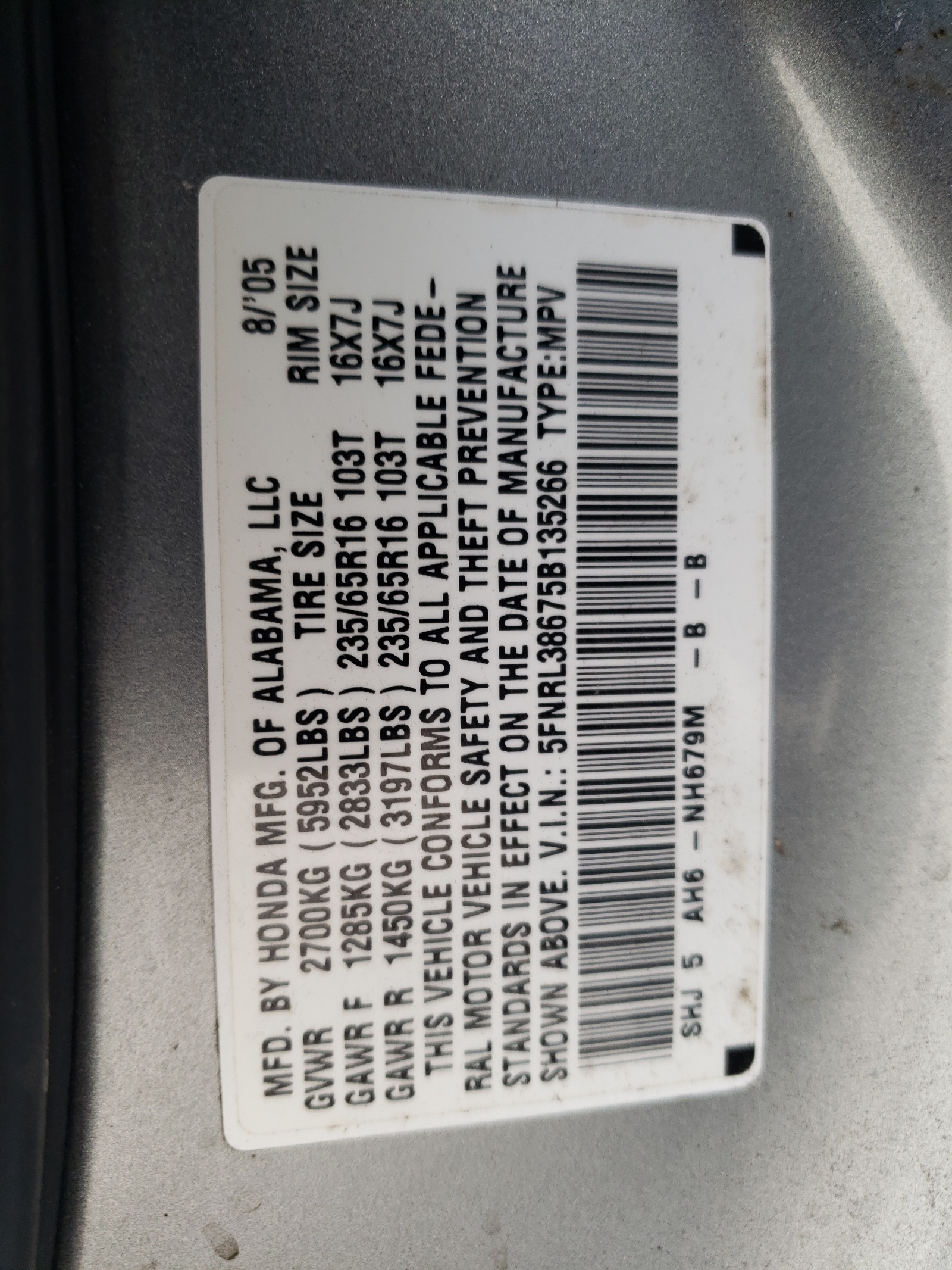 Photo 10 from auction – 2005 HONDA ODYSSEY EX with VIN 5FNRL38675B135266