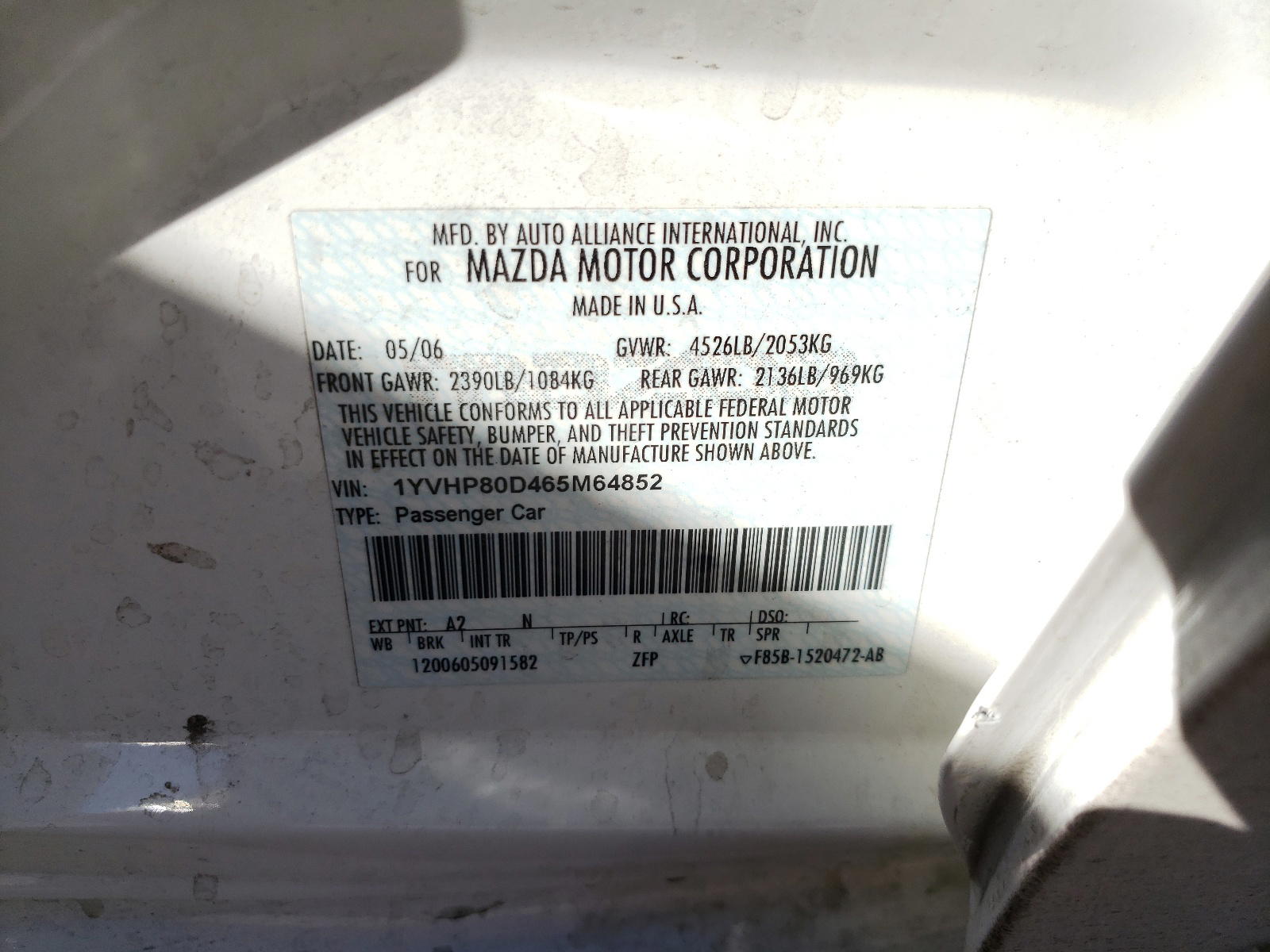 Photo 10 from auction – 2006 MAZDA 6 S with VIN 1YVHP80D465M64852