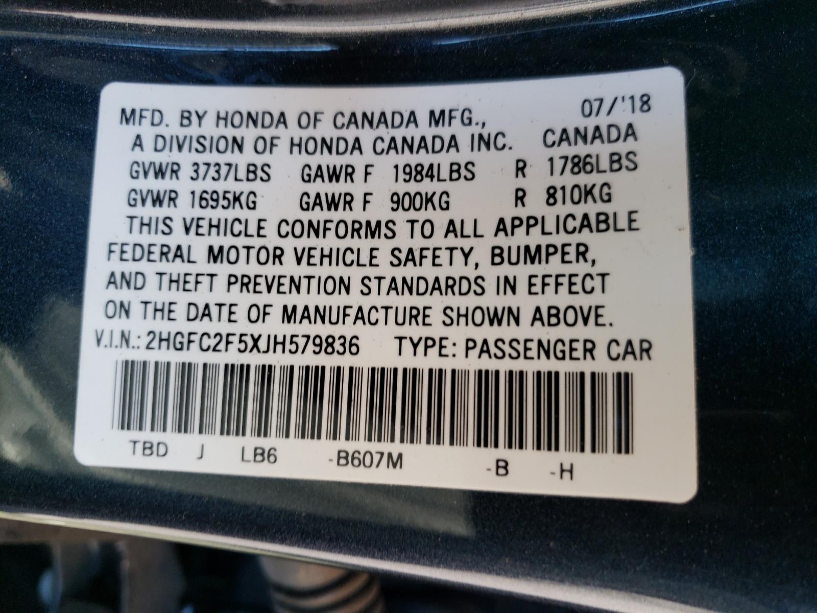 Photo 10 from auction – 2018 HONDA CIVIC LX with VIN 2HGFC2F5XJH579836
