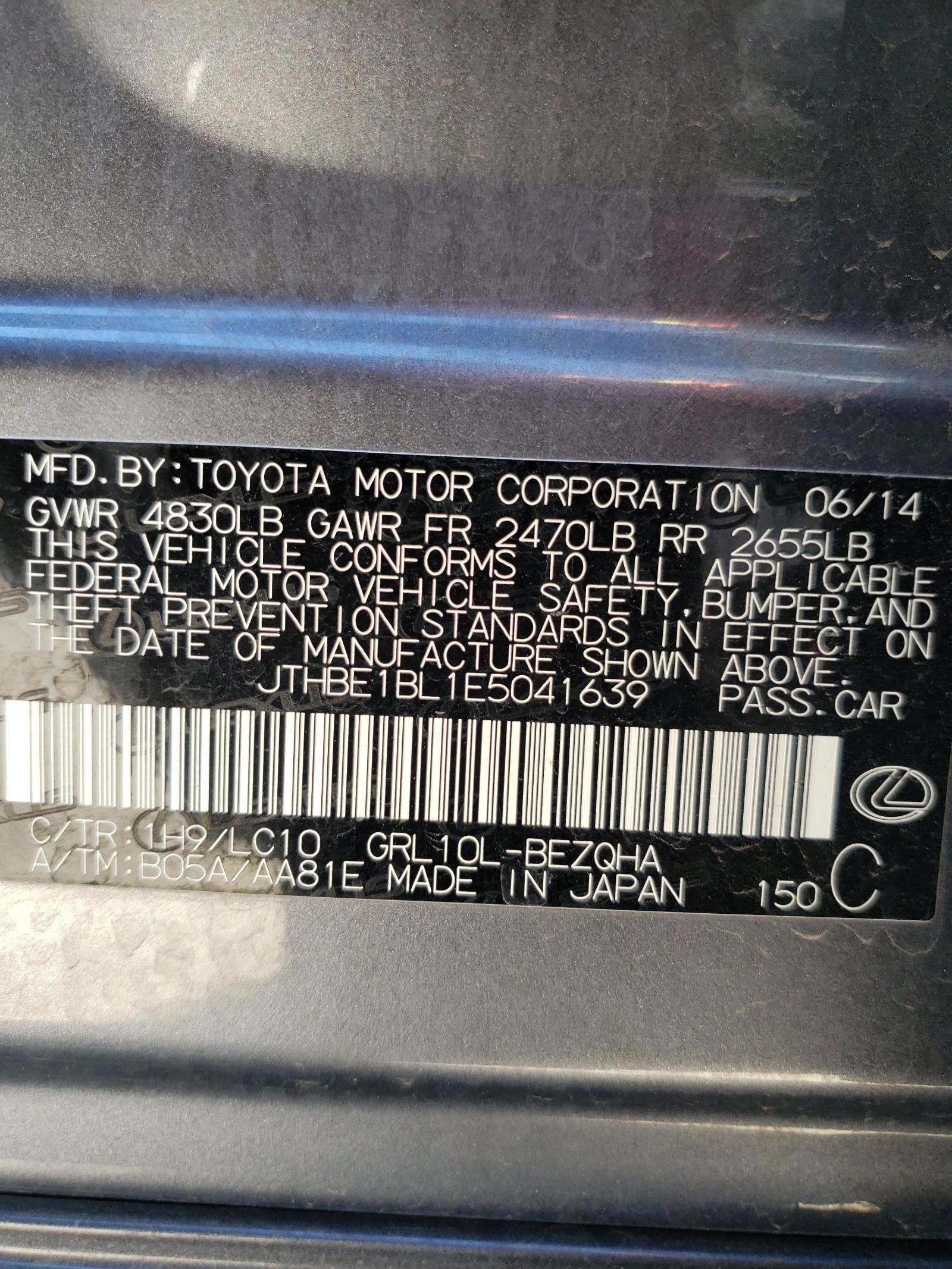 Photo 10 from auction – 2014 LEXUS GS 350 with VIN JTHBE1BL1E5041639