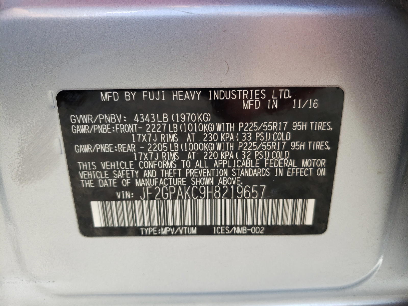 Photo 10 from auction – 2017 SUBARU CROSSTREK with VIN JF2GPAKC9H8219657