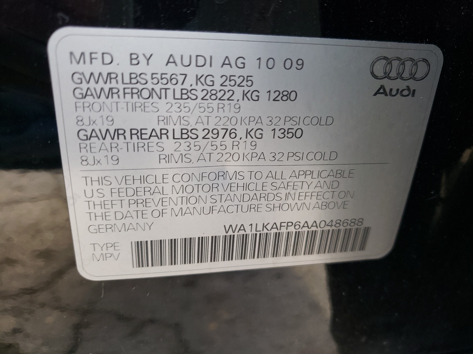 Photo 10 from auction – 2010 AUDI Q5 PREMIUM with VIN WA1LKAFP6AA048688