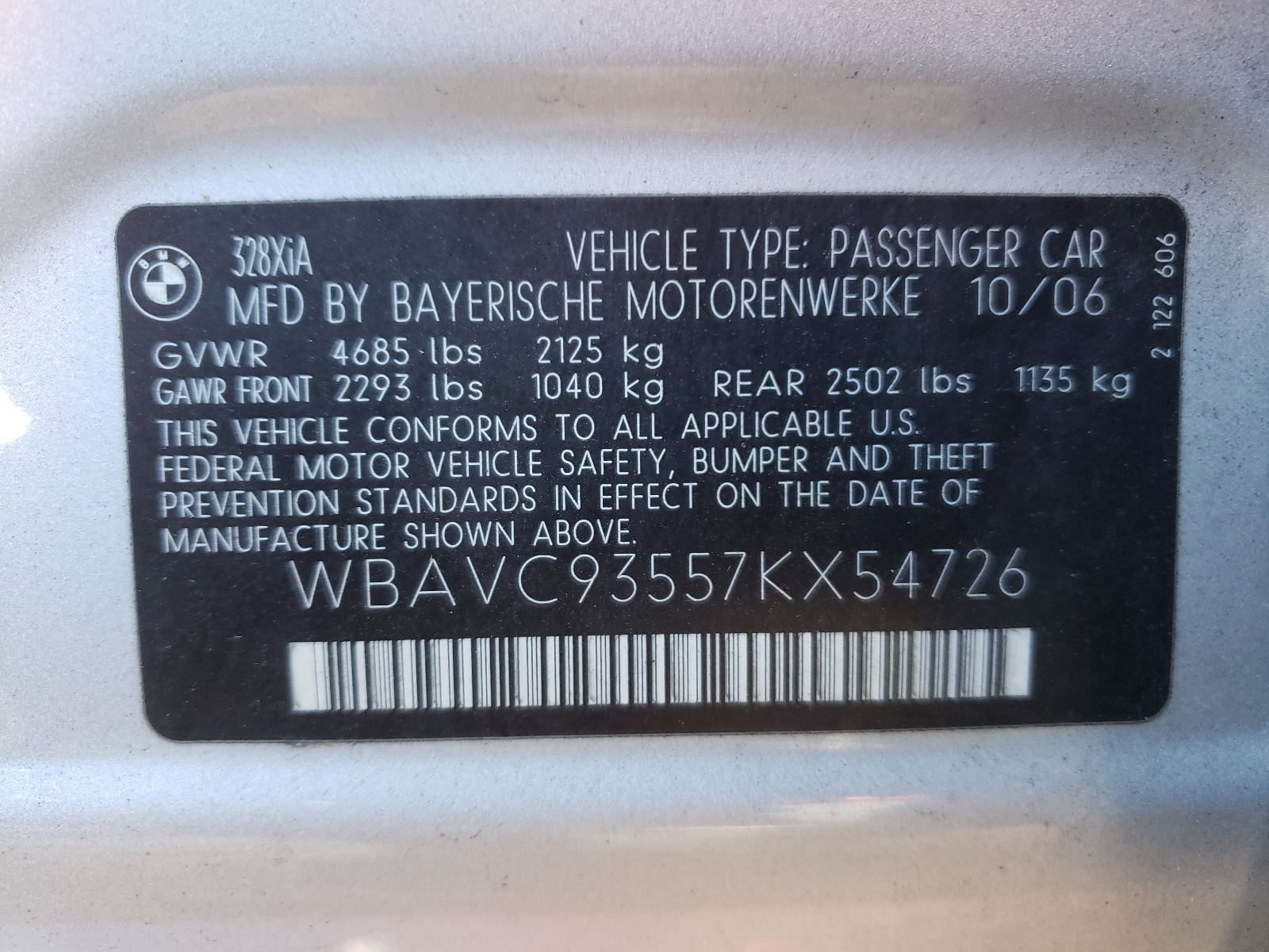 Photo 10 from auction – 2007 BMW 328 XI with VIN WBAVC93557KX54726