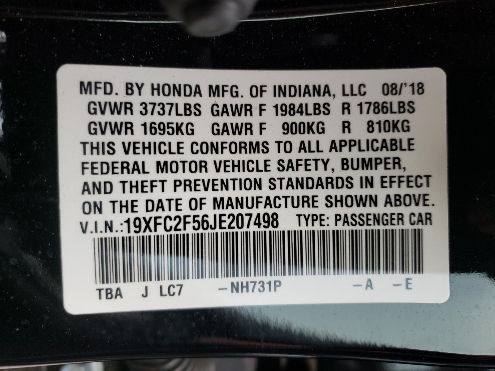 Photo 10 from auction – 2018 HONDA CIVIC LX with VIN 19XFC2F56JE207498