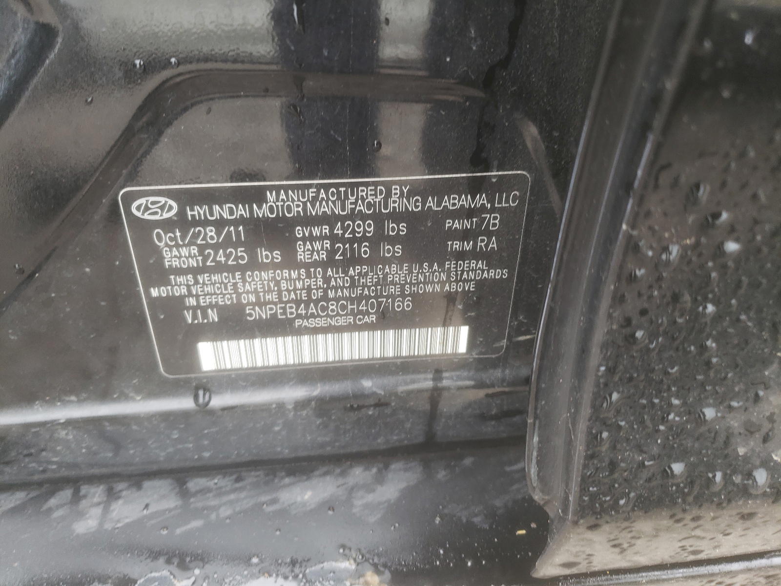 Photo 10 from auction – 2012 HYUNDAI SONATA GLS with VIN 5NPEB4AC8CH407166
