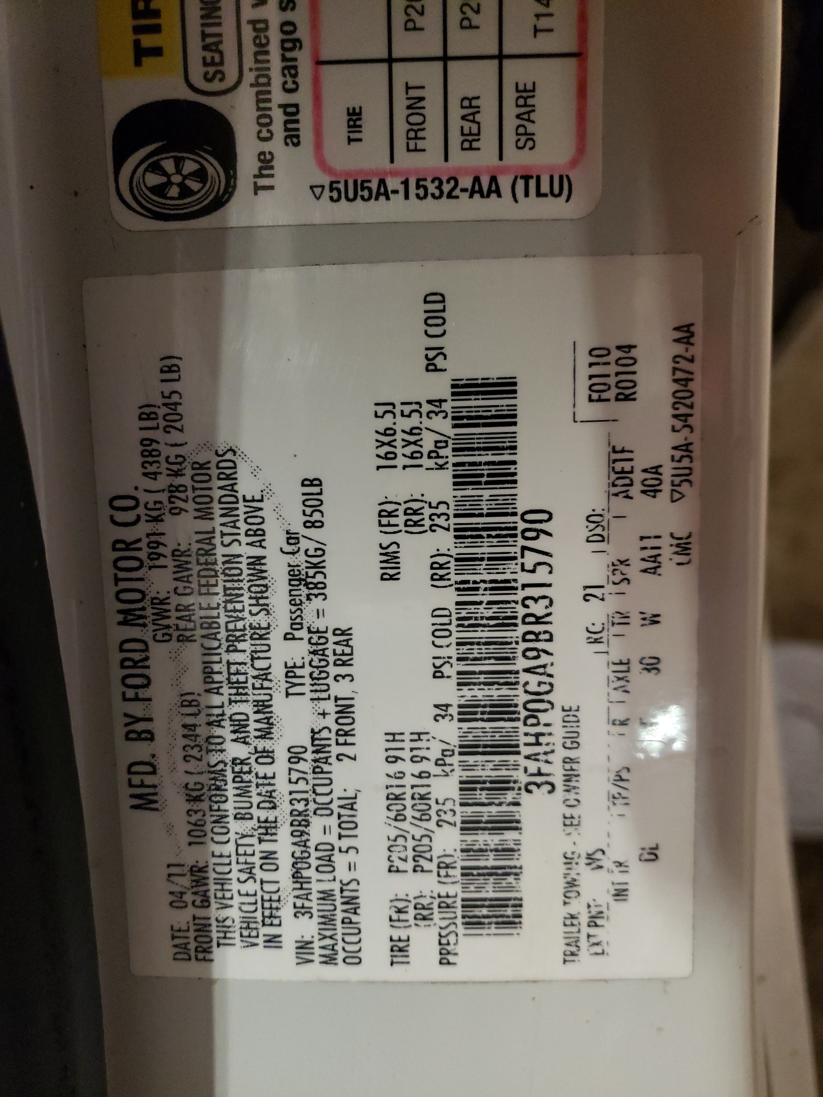 Photo 10 from auction – 2011 FORD FUSION S with VIN 3FAHP0GA9BR315790