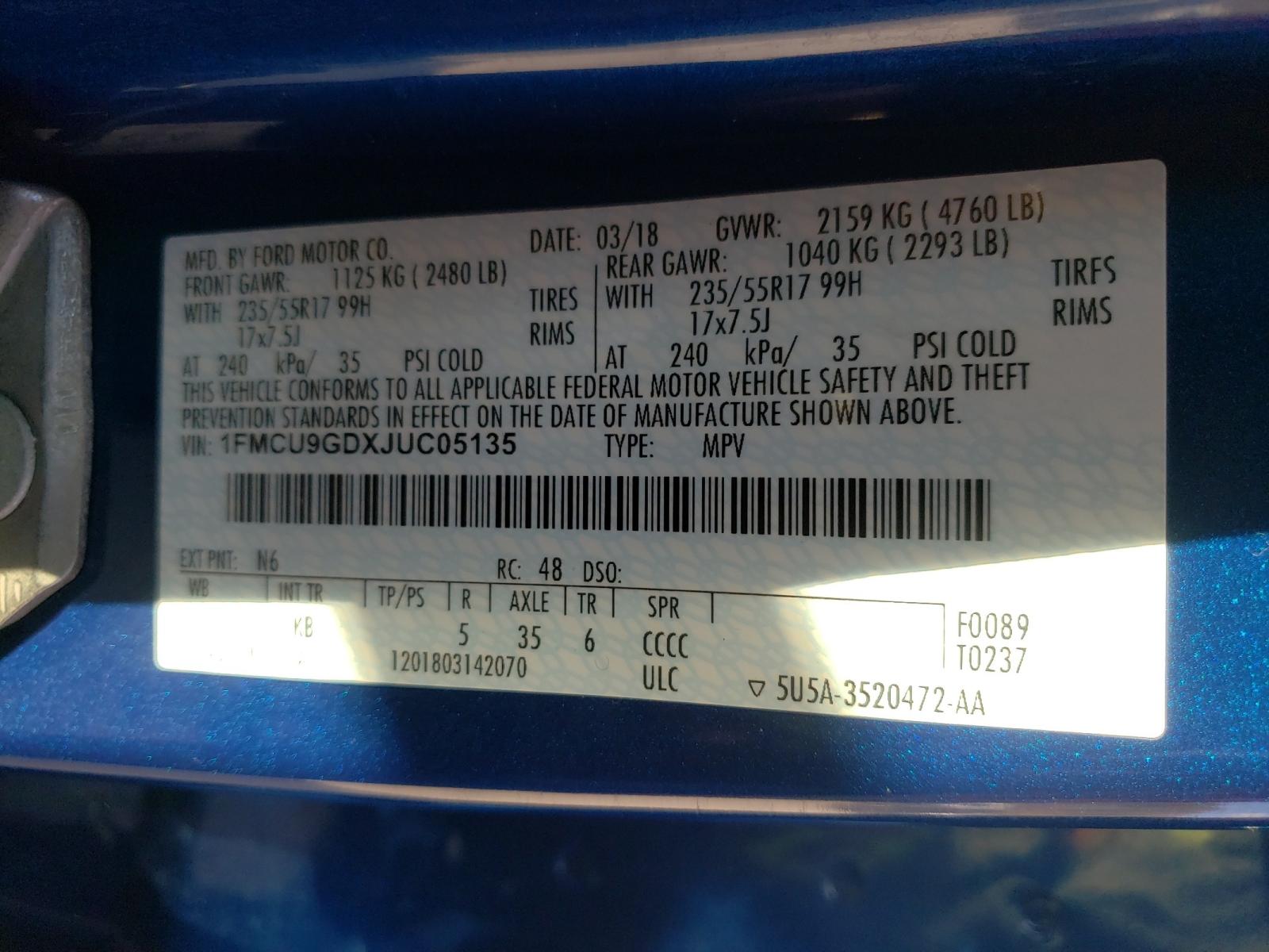 Photo 10 from auction – 2018 FORD ESCAPE SE with VIN 1FMCU9GDXJUC05135