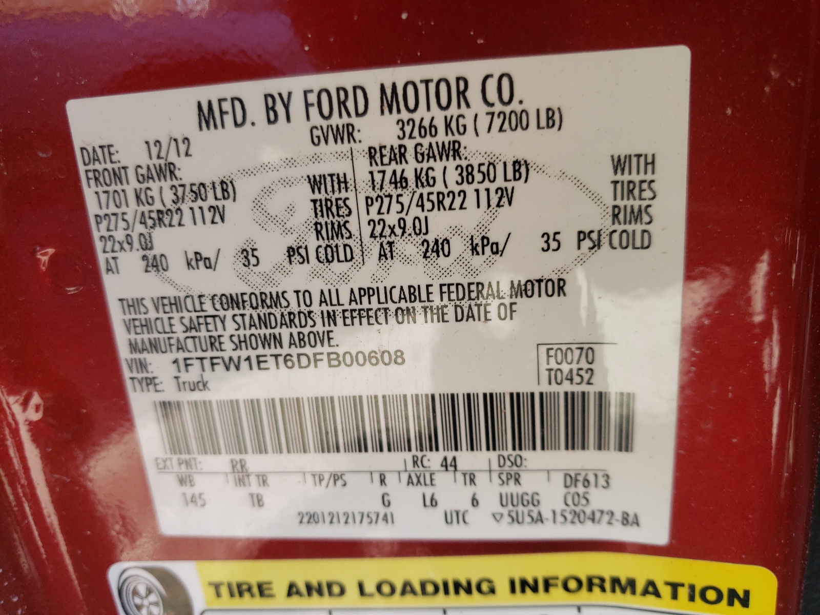 Photo 10 from auction – 2013 FORD F150 SUPER with VIN 1FTFW1ET6DFB00608