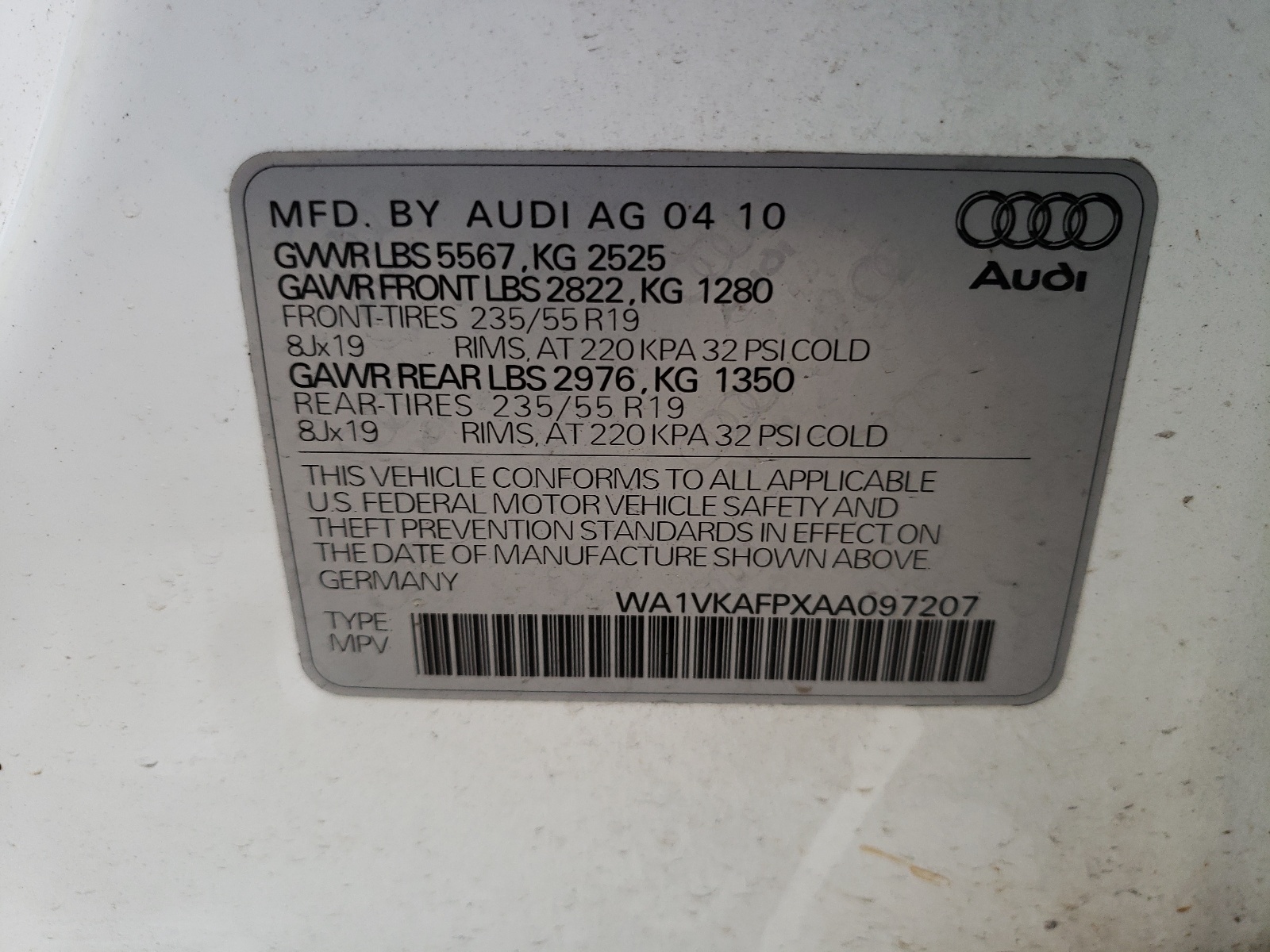 Photo 10 from auction – 2010 AUDI Q5 PRESTIG with VIN WA1VKAFPXAA097207
