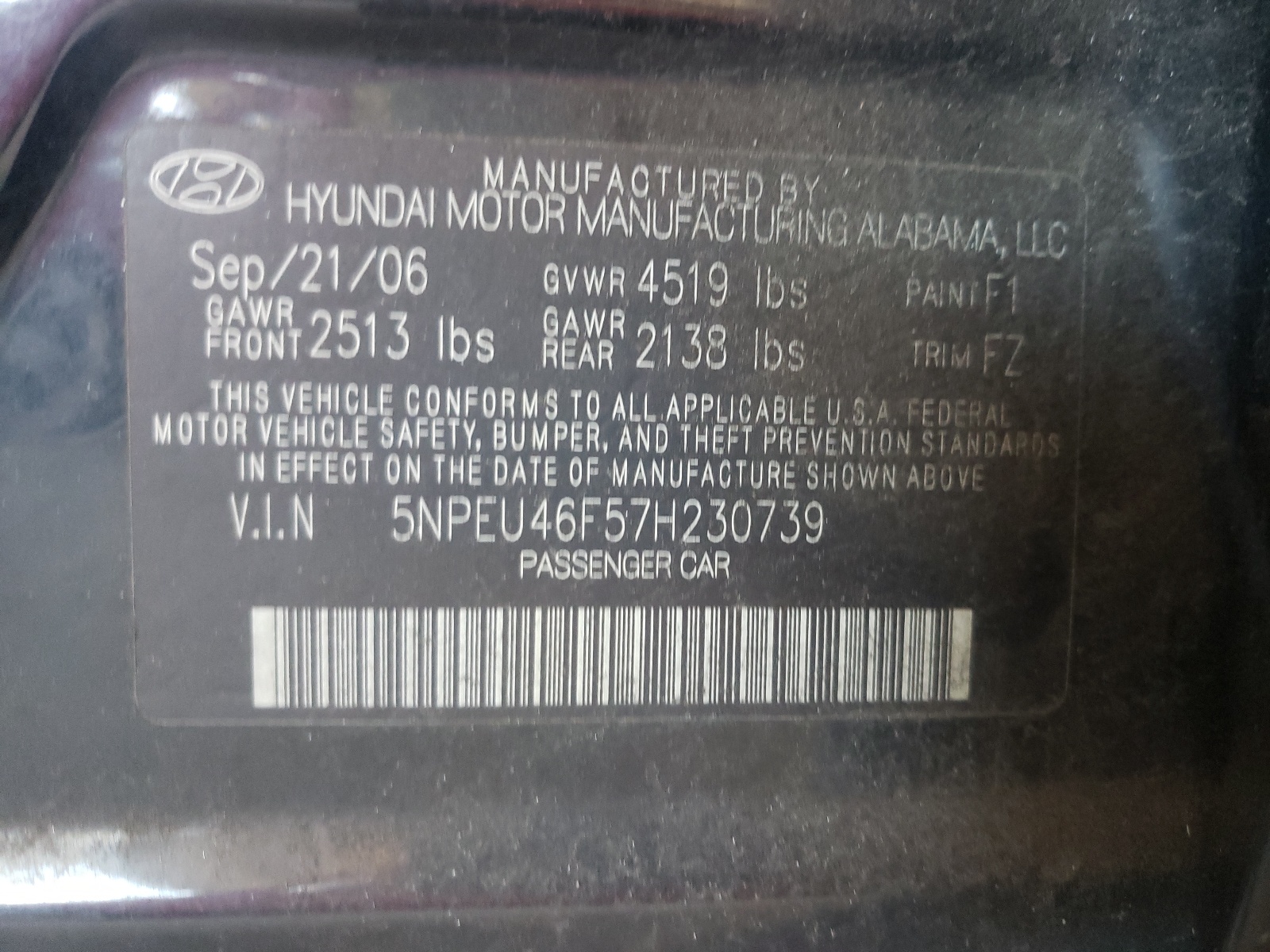 Photo 10 from auction – 2007 HYUNDAI SONATA SE with VIN 5NPEU46F57H230739