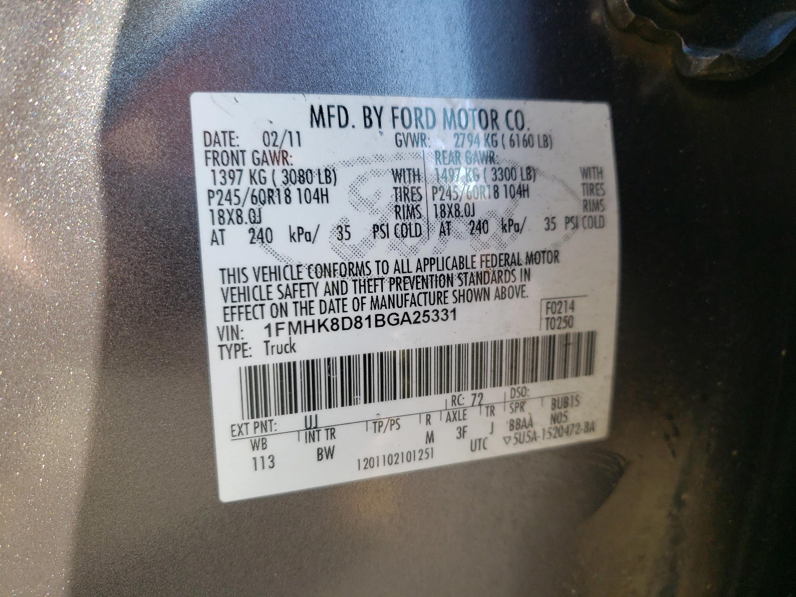 Photo 10 from auction – 2011 FORD EXPLORER X with VIN 1FMHK8D81BGA25331