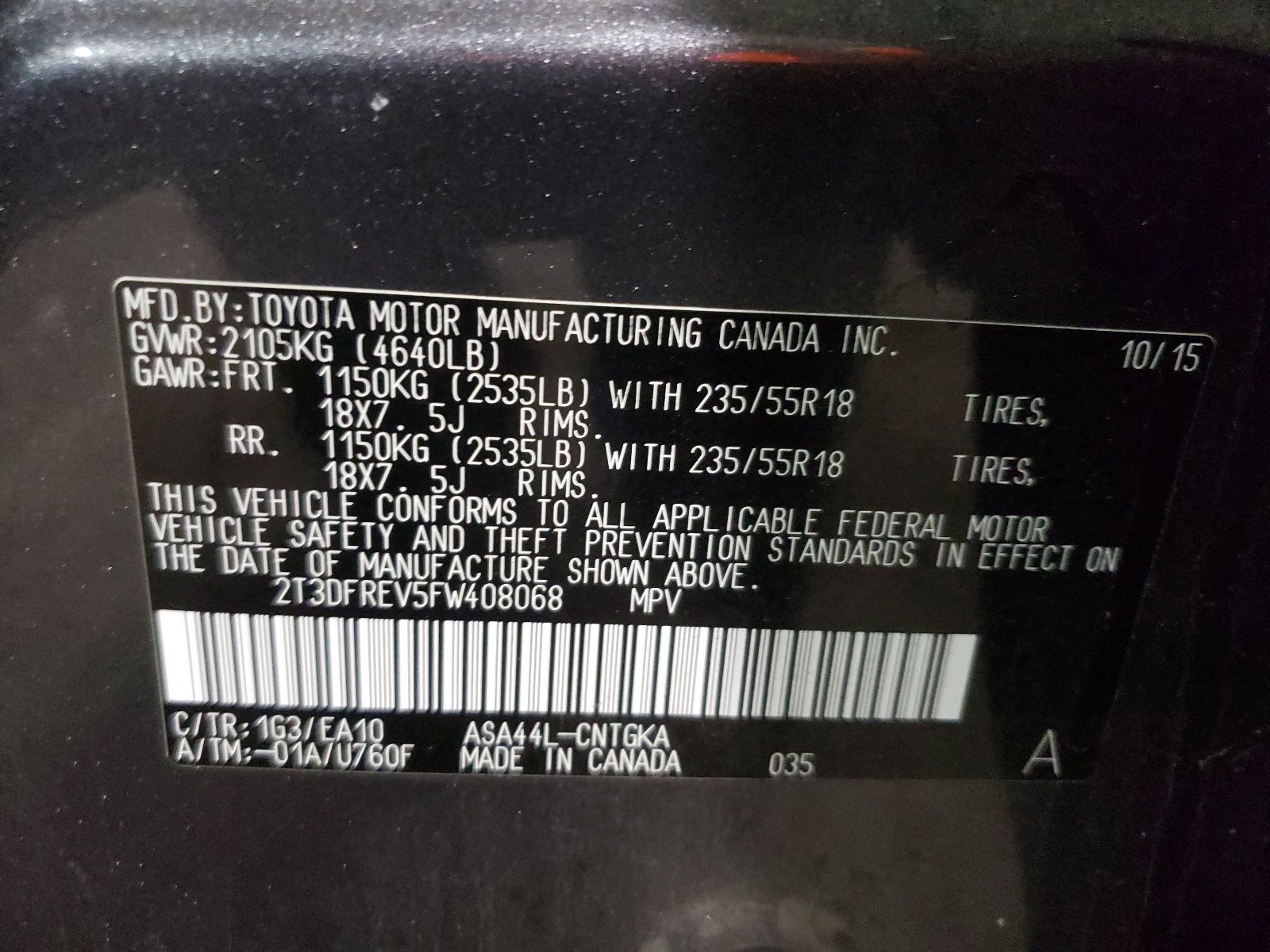 Photo 10 from auction – 2015 TOYOTA RAV4 LIMIT with VIN 2T3DFREV5FW408068
