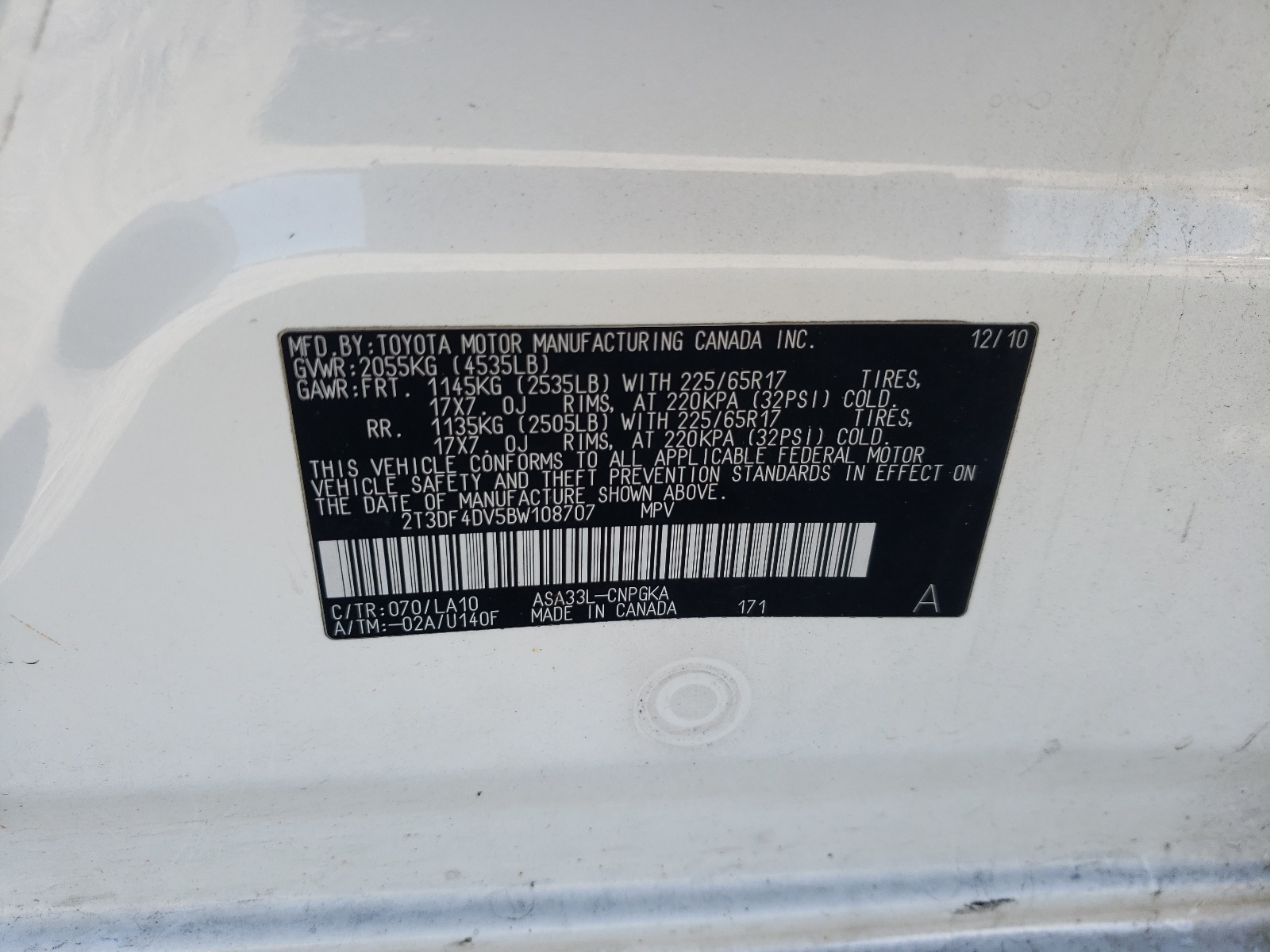 Photo 10 from auction – 2011 TOYOTA RAV4 4D 4W with VIN 2T3DF4DV5BW108707