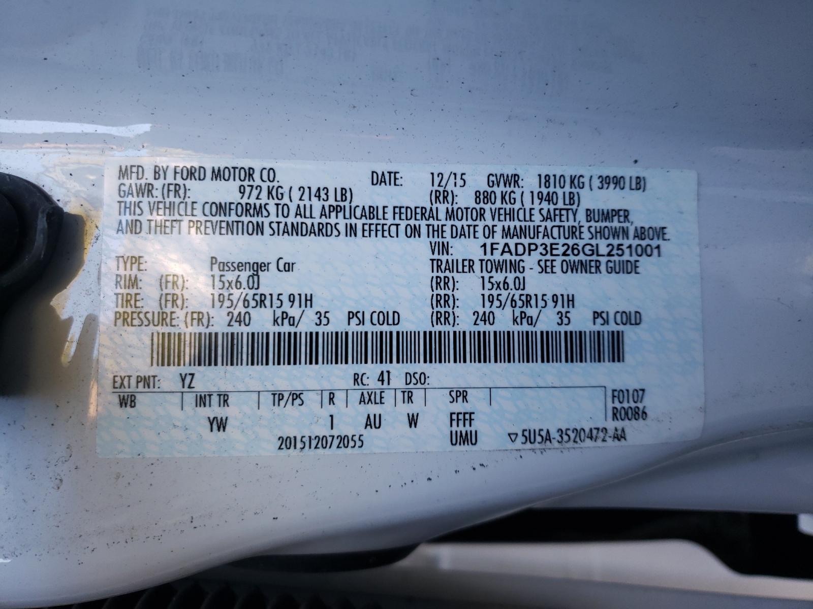 Photo 10 from auction – 2016 FORD FOCUS S with VIN 1FADP3E26GL251001