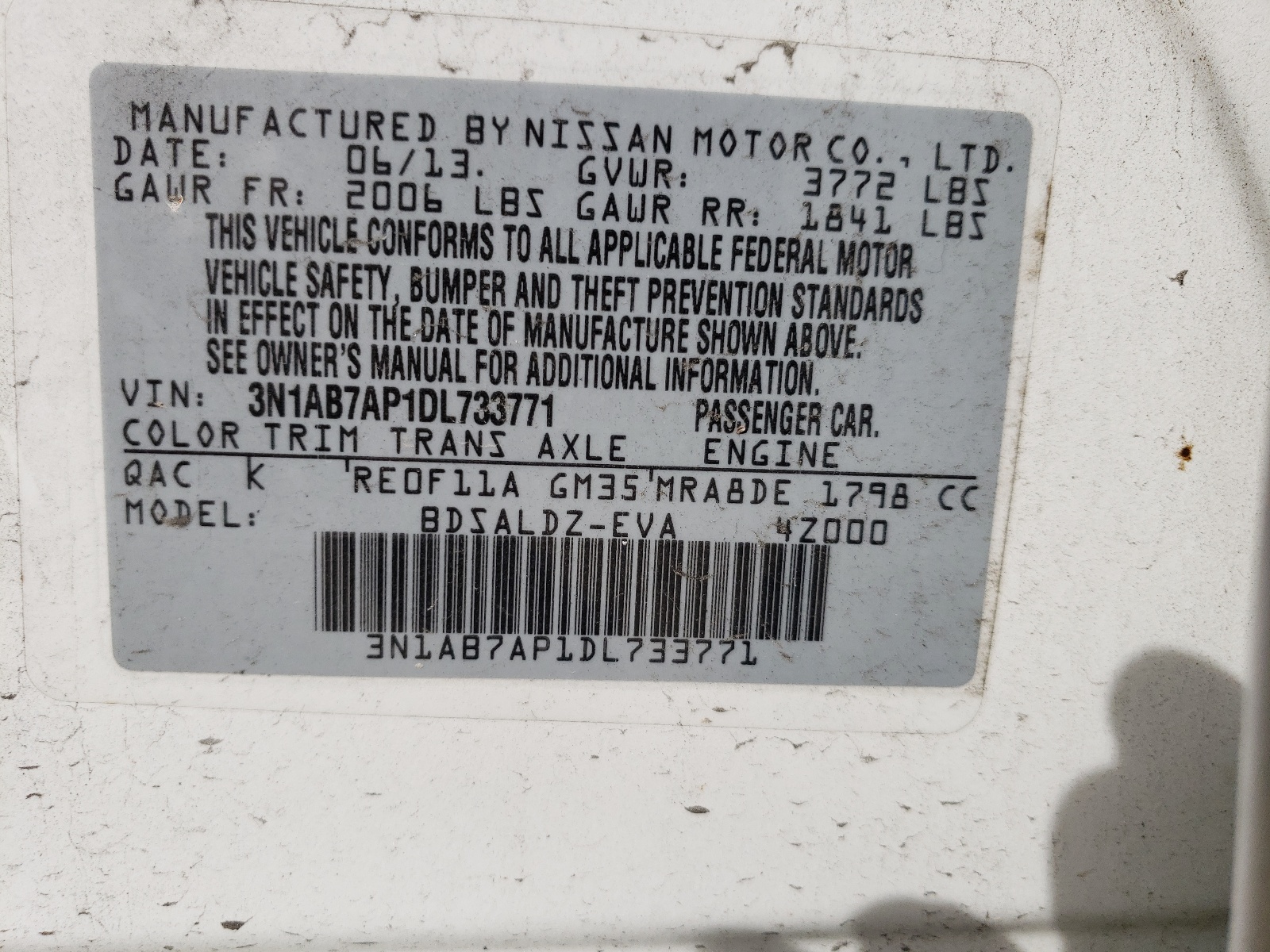 Photo 10 from auction – 2013 NISSAN SENTRA S with VIN 3N1AB7AP1DL733771