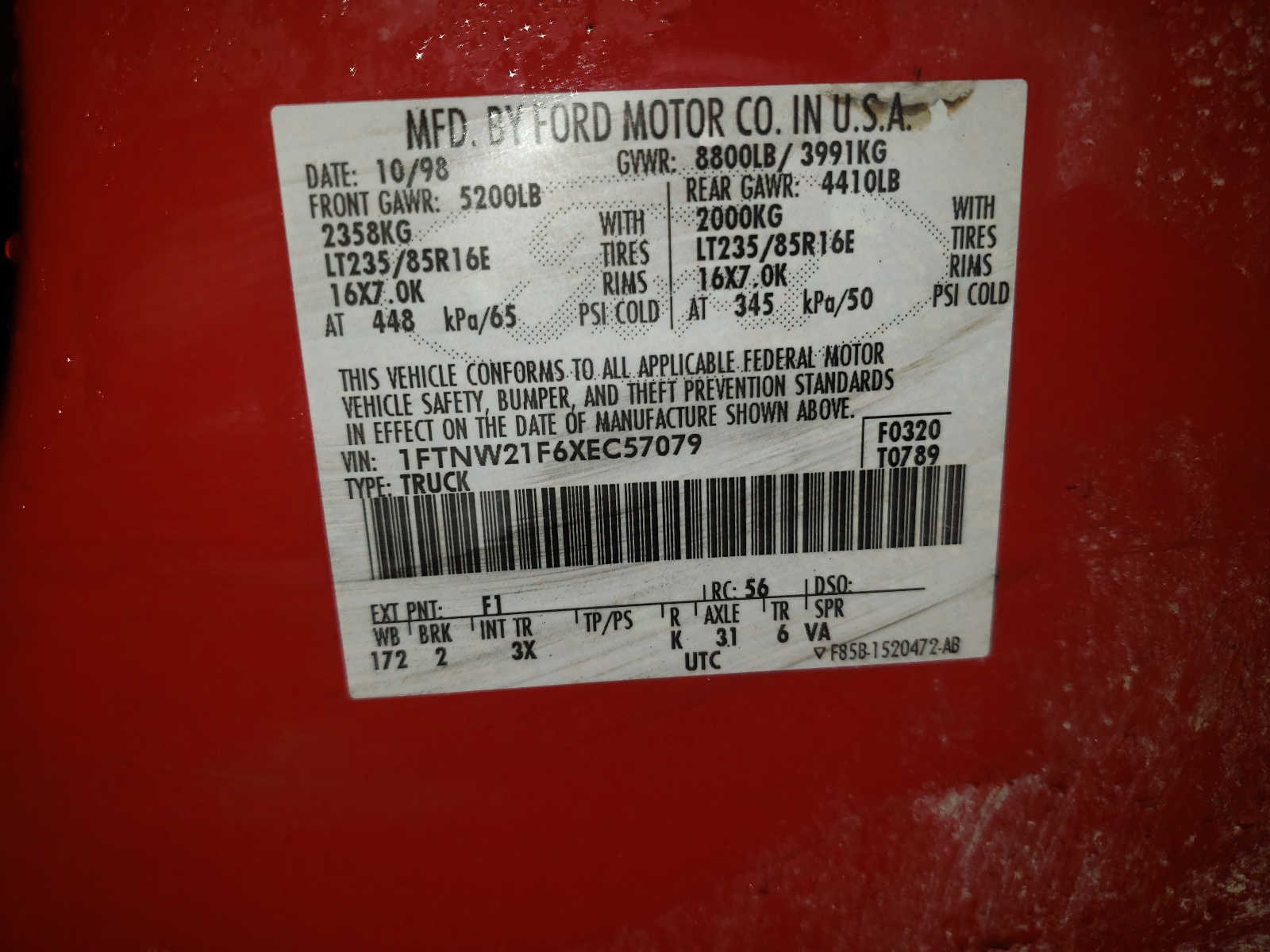 Photo 10 from auction – 1999 FORD F250 SUPER with VIN 1FTNW21F6XEC57079