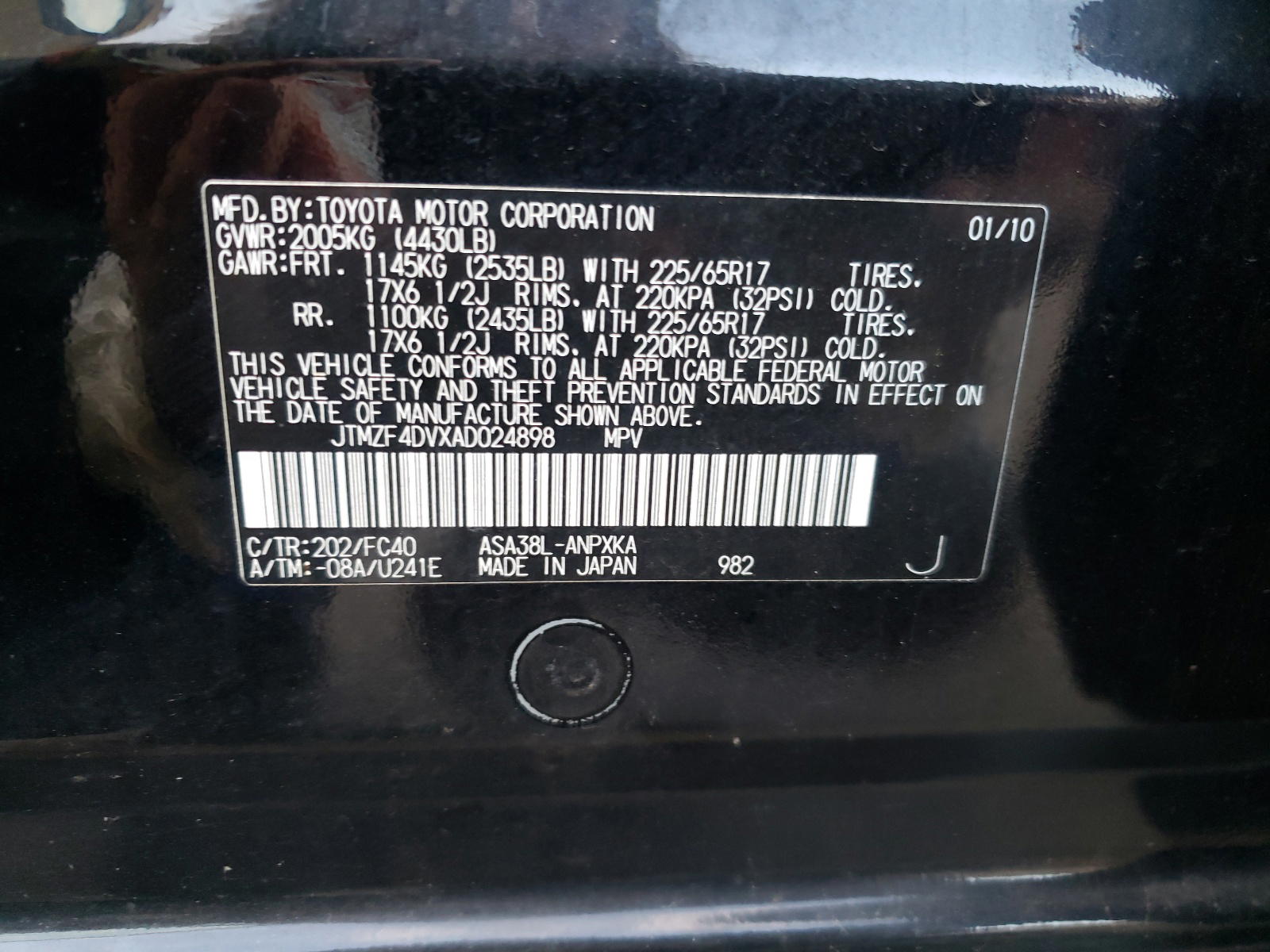 Photo 10 from auction – 2010 TOYOTA RAV4 with VIN JTMZF4DVXAD024898