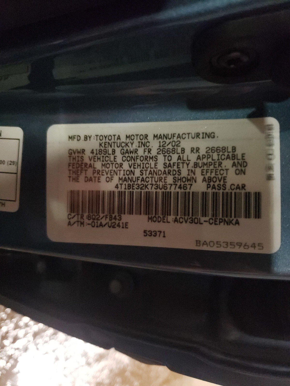 Photo 10 from auction – 2003 TOYOTA CAMRY LE with VIN 4T1BE32K73U677467
