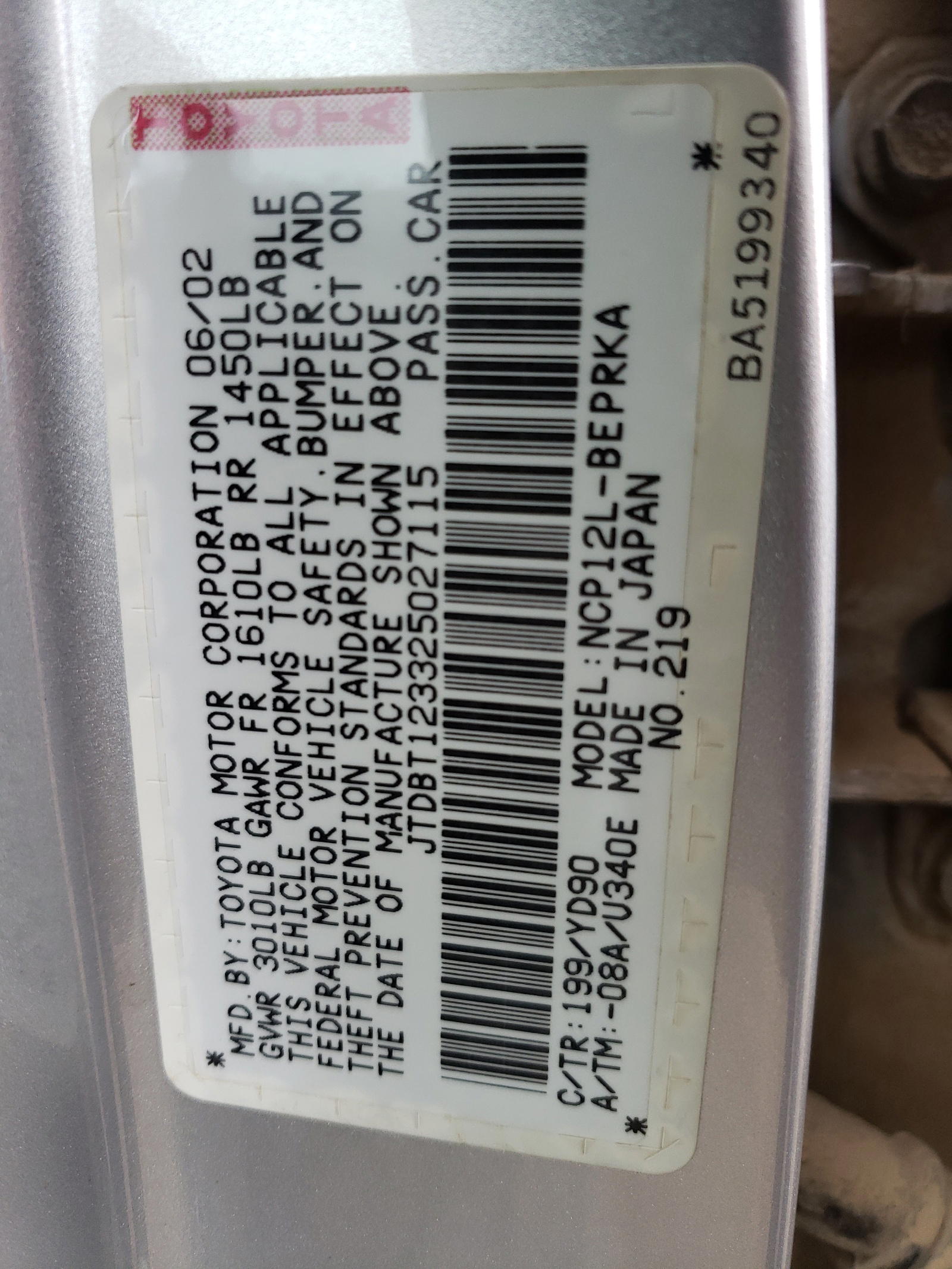 Photo 10 from auction – 2002 TOYOTA ECHO with VIN JTDBT123325027115
