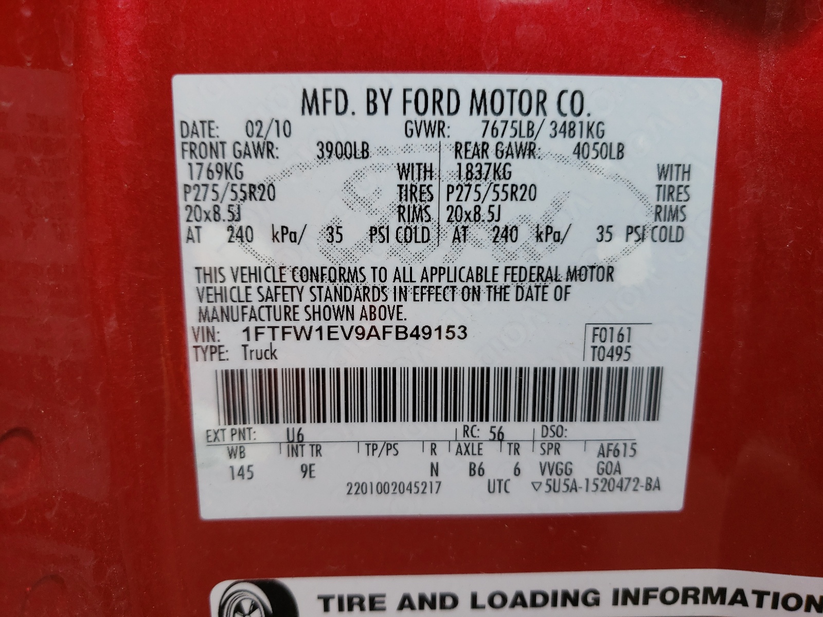 Photo 10 from auction – 2010 FORD F150 SUPER with VIN 1FTFW1EV9AFB49153