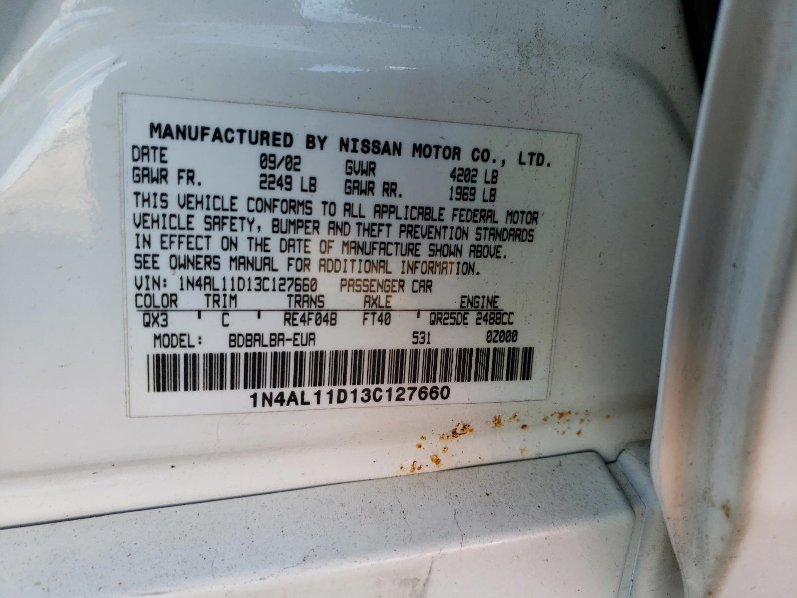 Photo 10 from auction – 2003 NISSAN ALTIMA BAS with VIN 1N4AL11D13C127660