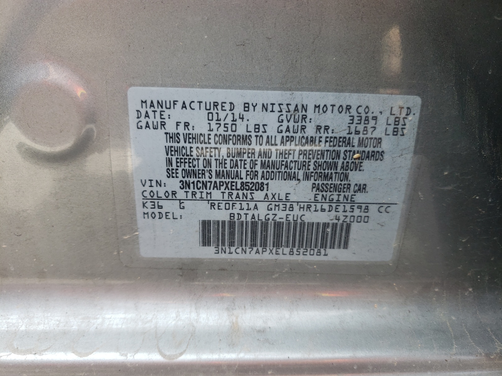Photo 10 from auction – 2014 NISSAN VERSA S with VIN 3N1CN7APXEL852081