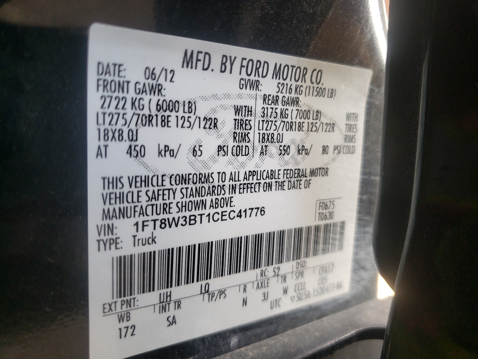 Photo 10 from auction – 2012 FORD F350 SUPER with VIN 1FT8W3BT1CEC41776