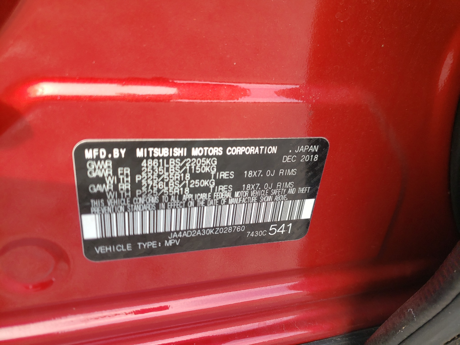 Photo 10 from auction – 2019 MITSUBISHI OUTLANDER with VIN JA4AD2A30KZ028760