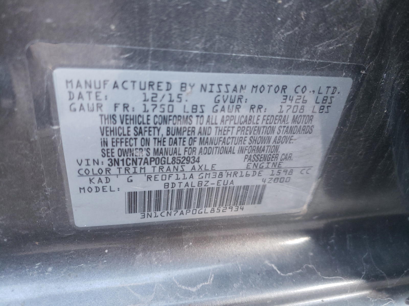 Photo 10 from auction – 2016 NISSAN VERSA S with VIN 3N1CN7AP0GL852934