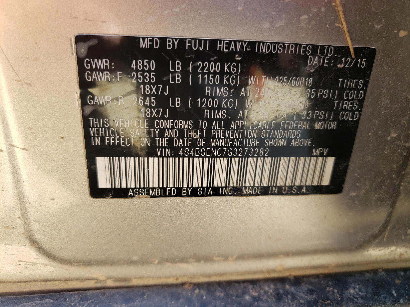 Photo 10 from auction – 2016 SUBARU OUTBACK 3. with VIN 4S4BSENC7G3273282