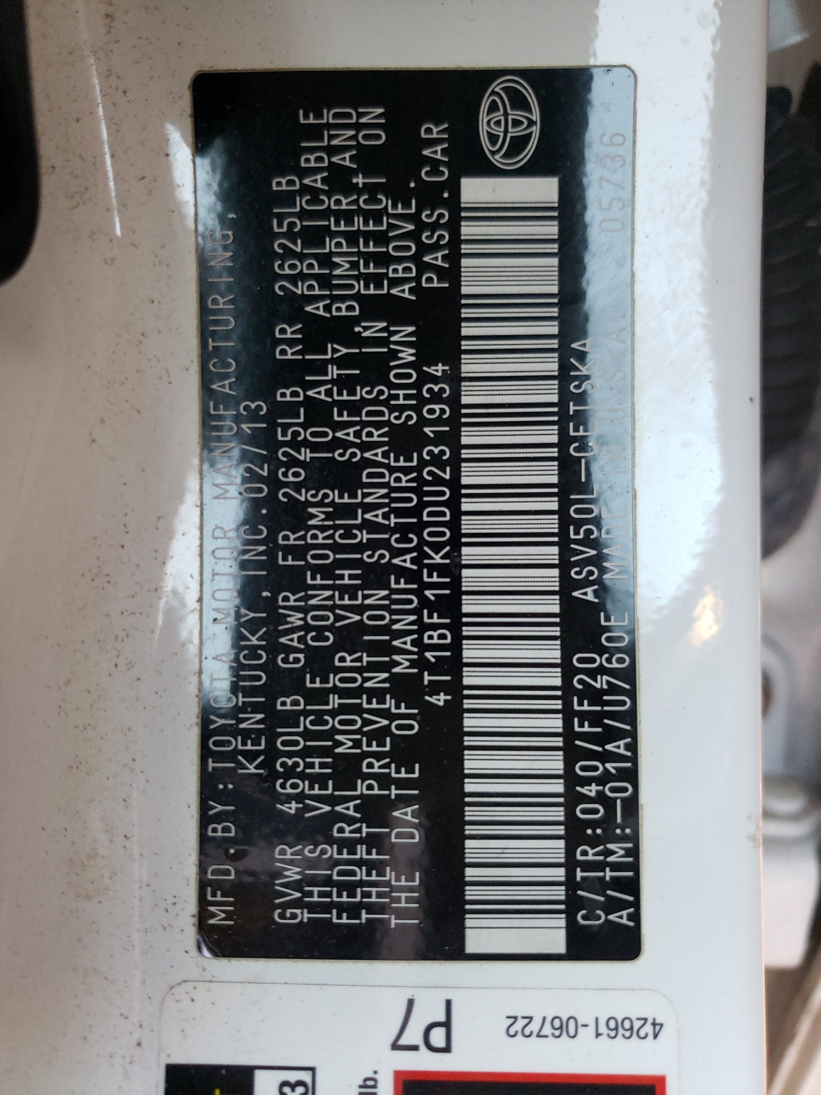 Photo 10 from auction – 2013 TOYOTA CAMRY L with VIN 4T1BF1FK0DU231934