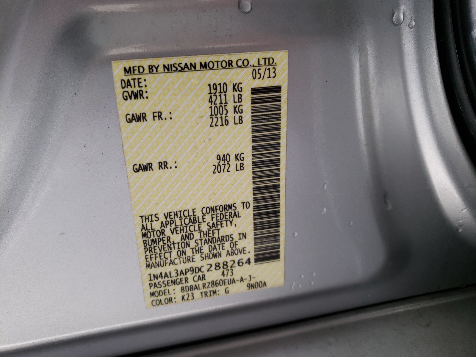 Photo 10 from auction – 2013 NISSAN ALTIMA 2.5 with VIN 1N4AL3AP9DC288264