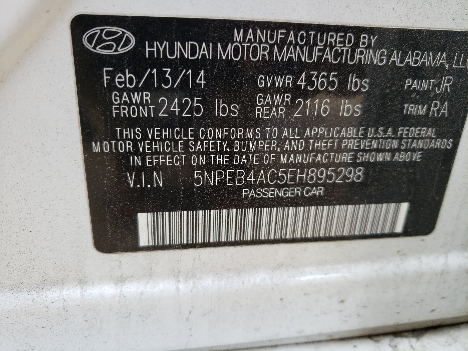 Photo 10 from auction – 2014 HYUNDAI SONATA GLS with VIN 5NPEB4AC5EH895298