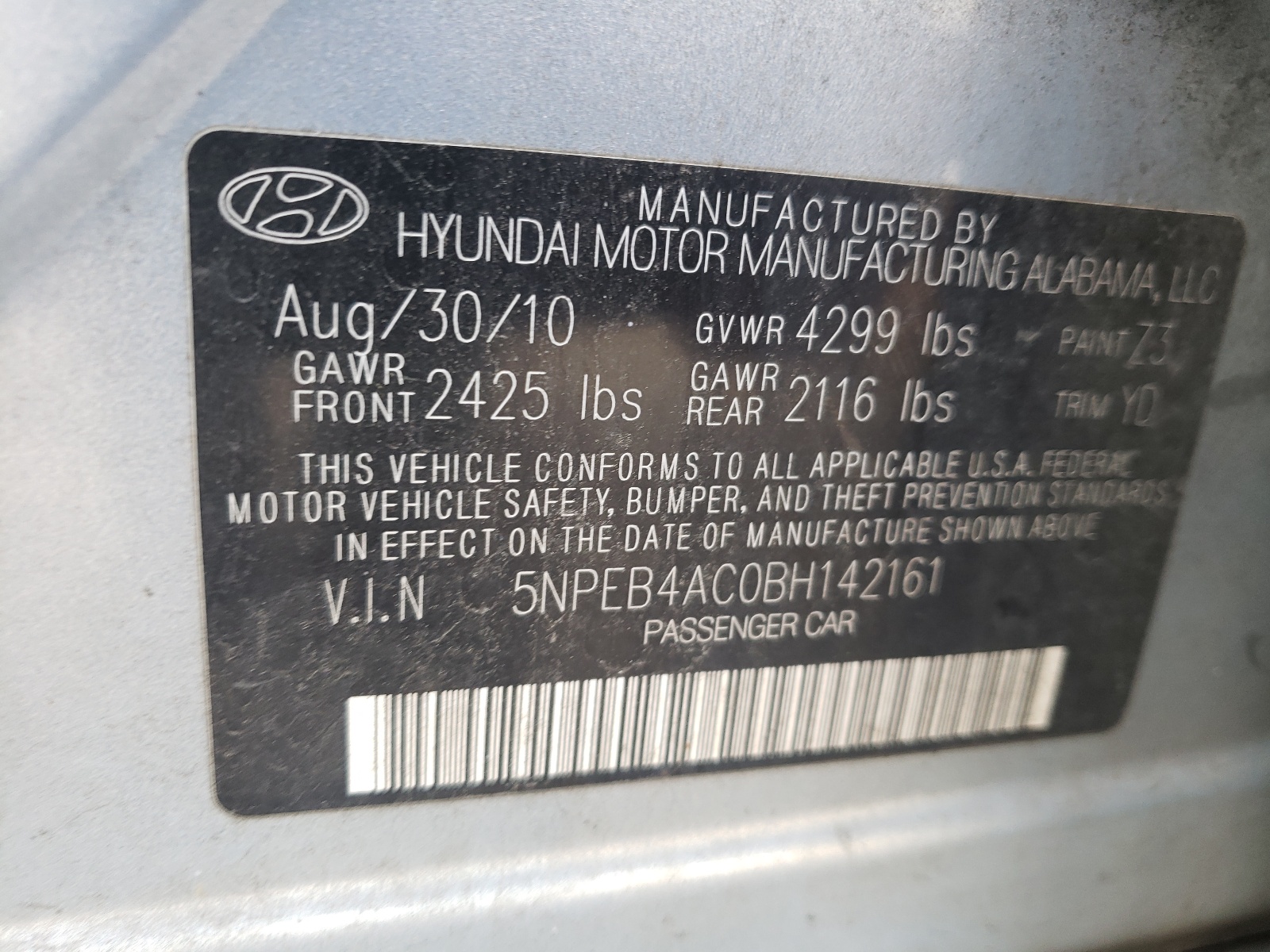 Photo 10 from auction – 2011 HYUNDAI SONATA GLS with VIN 5NPEB4AC0BH142161