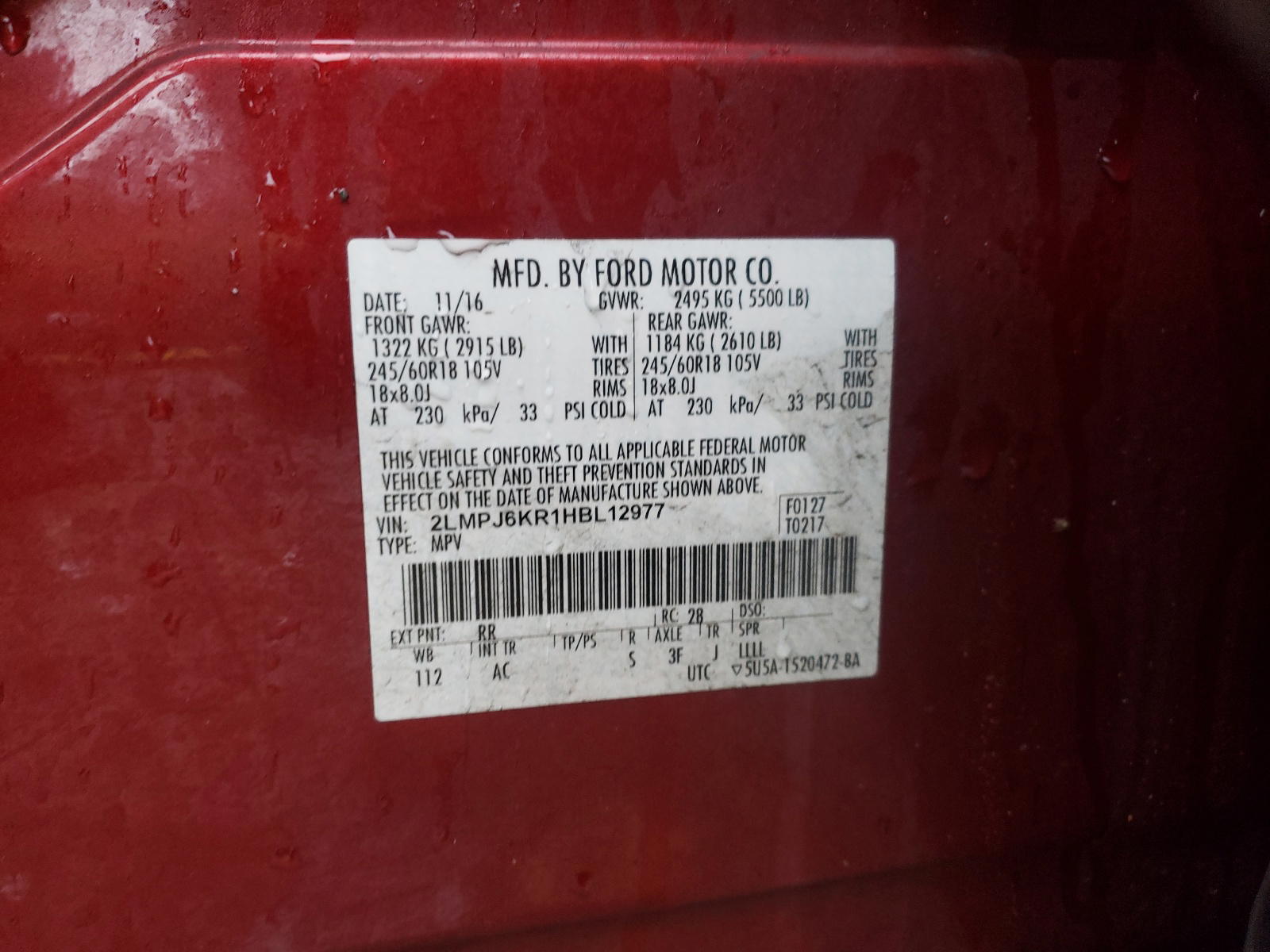 Photo 10 from auction – 2017 LINCOLN MKX SELECT with VIN 2LMPJ6KR1HBL12977