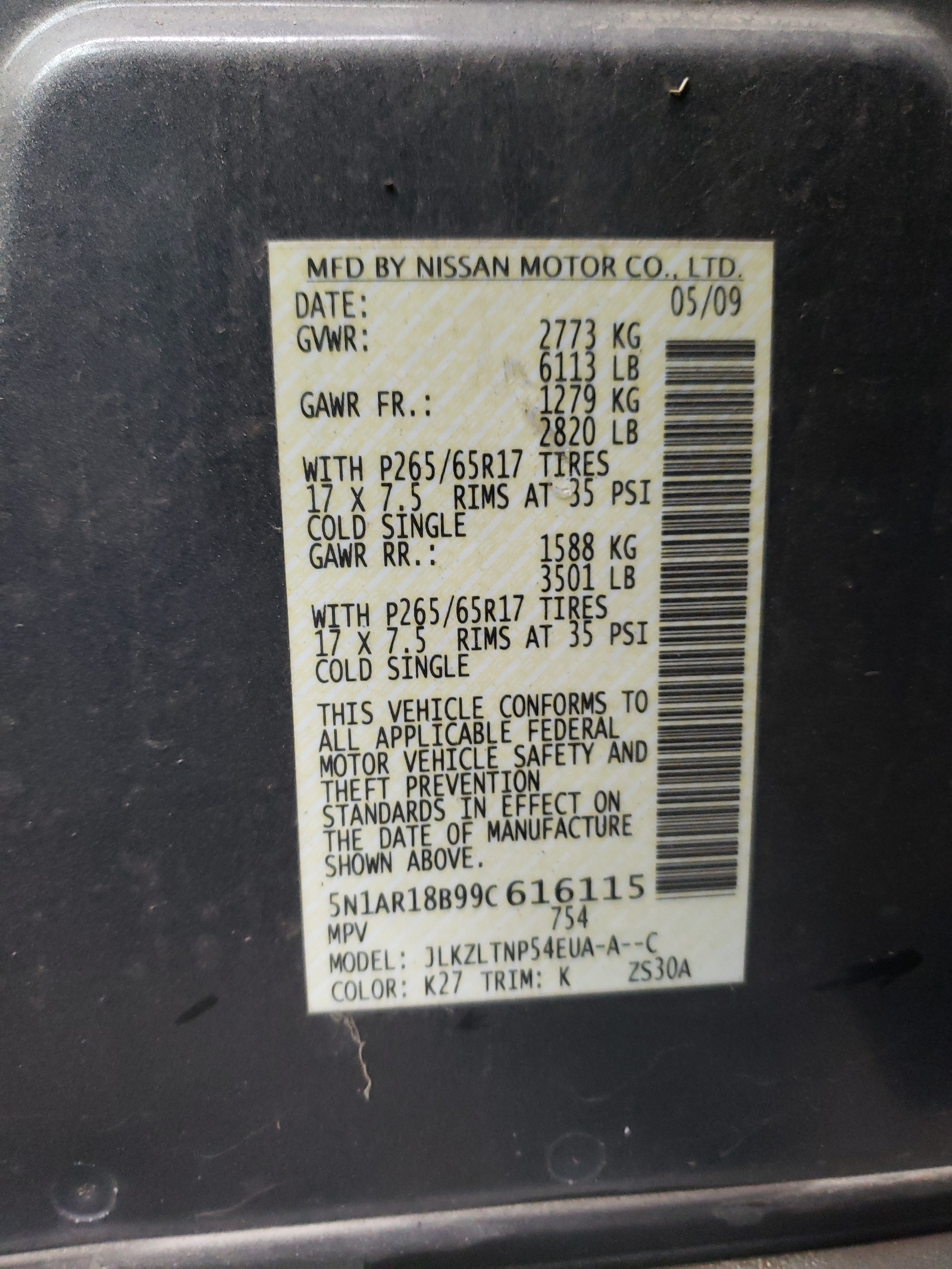 Photo 10 from auction – 2009 NISSAN PATHFINDER with VIN 5N1AR18B99C616115