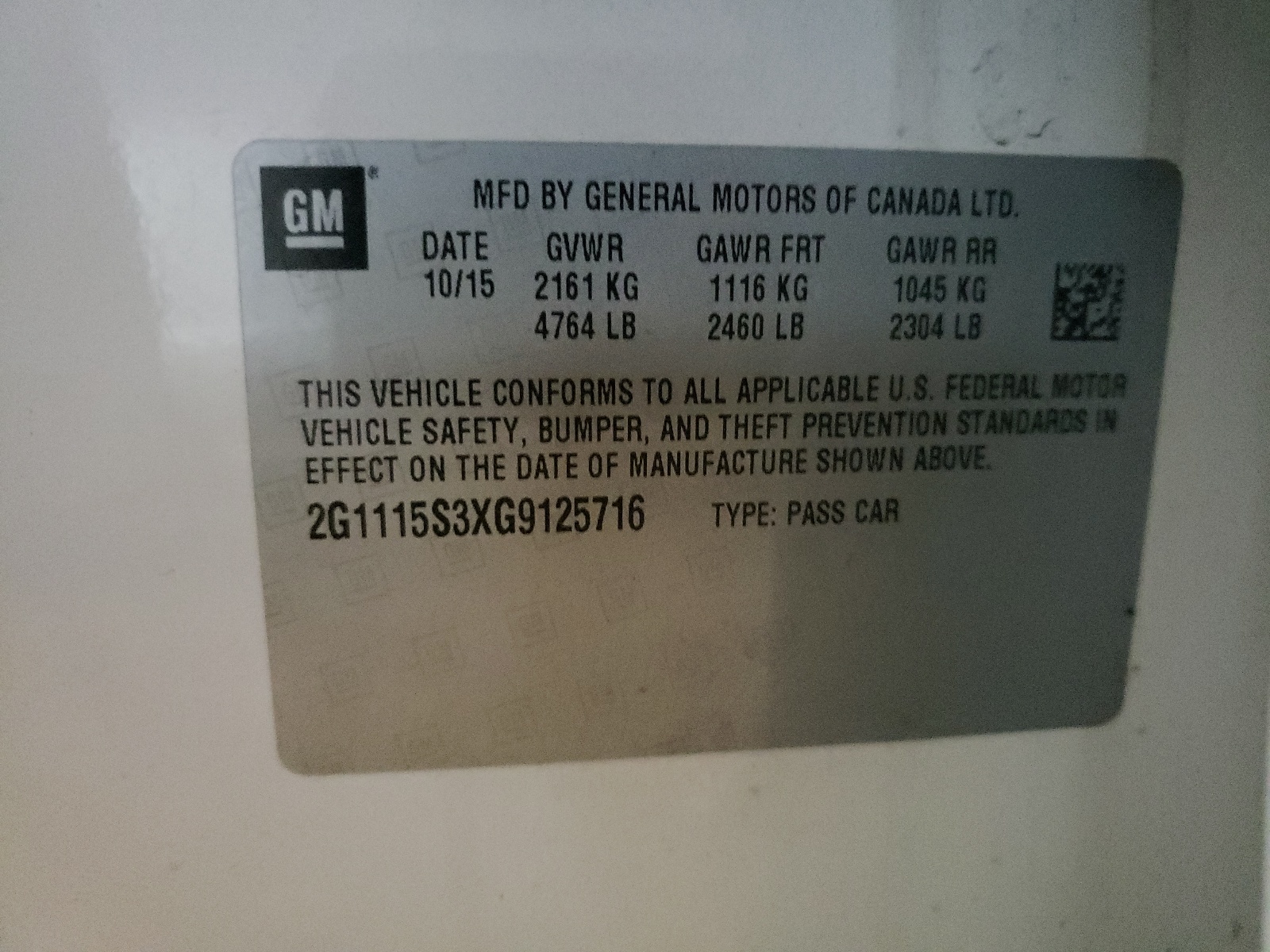Photo 10 from auction – 2016 CHEVROLET IMPALA LT with VIN 2G1115S3XG9125716