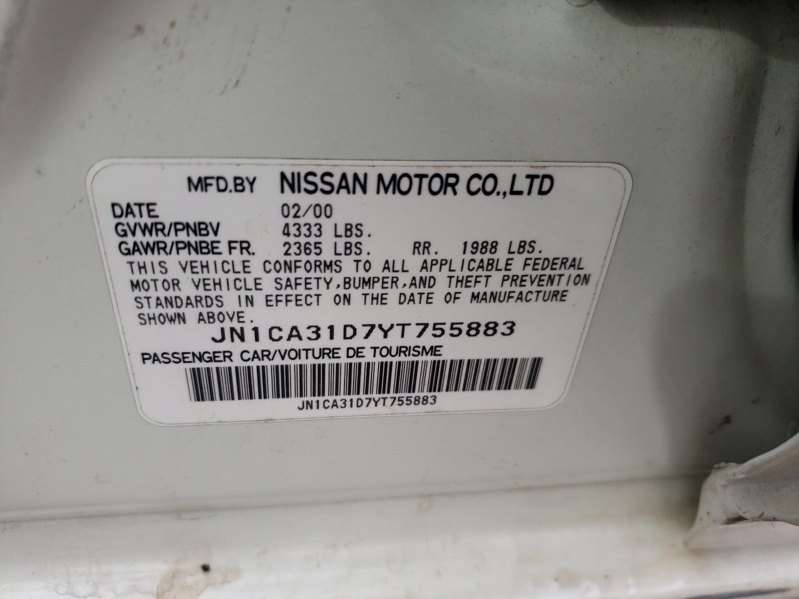 Photo 10 from auction – 2000 NISSAN MAXIMA with VIN JN1CA31D7YT755883