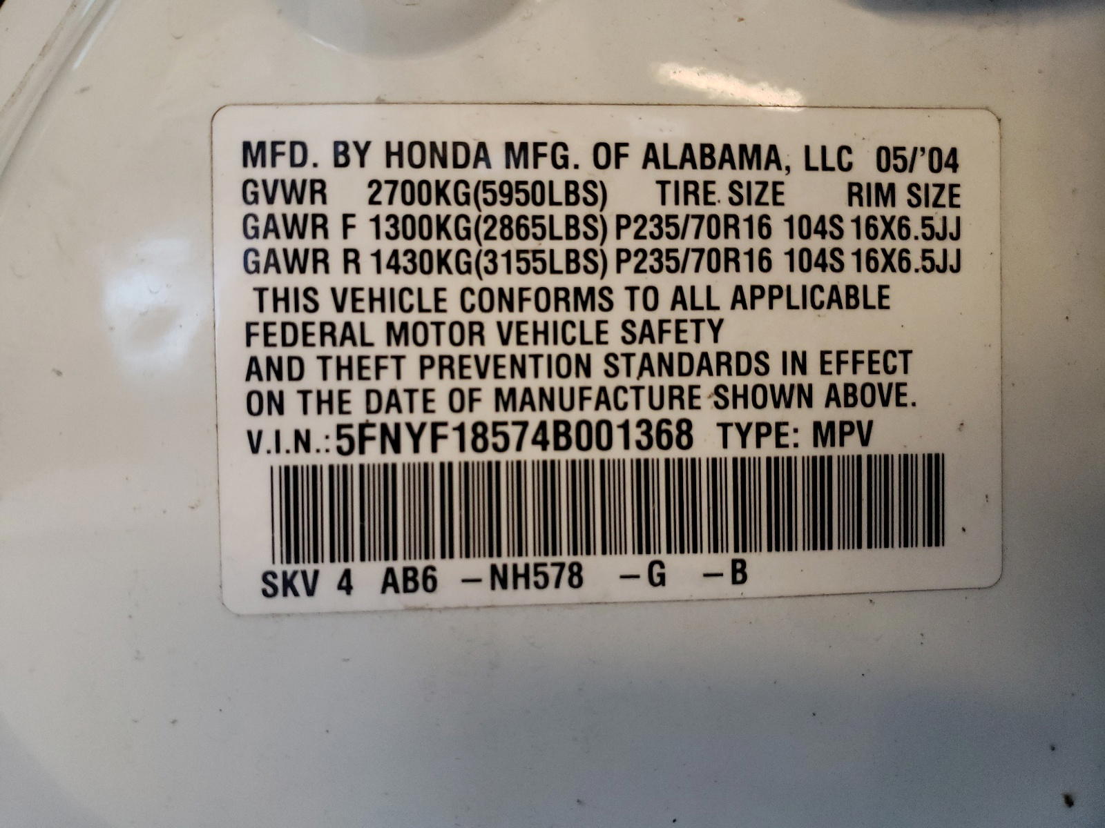 Photo 10 from auction – 2004 HONDA PILOT with VIN 5FNYF18574B001368