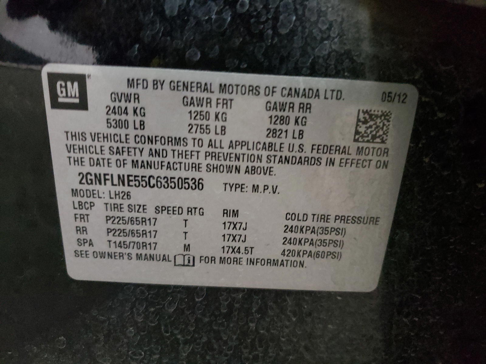 Photo 10 from auction – 2012 CHEVROLET EQUINOX LT with VIN 2GNFLNE55C6350536