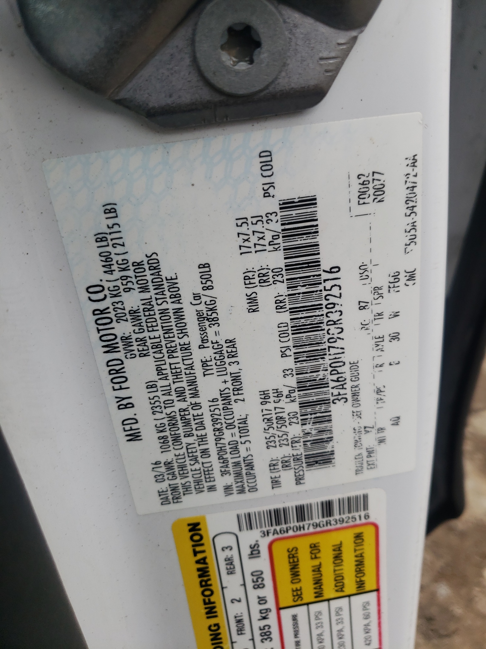 Photo 10 from auction – 2016 FORD FUSION SE with VIN 3FA6P0H79GR392516