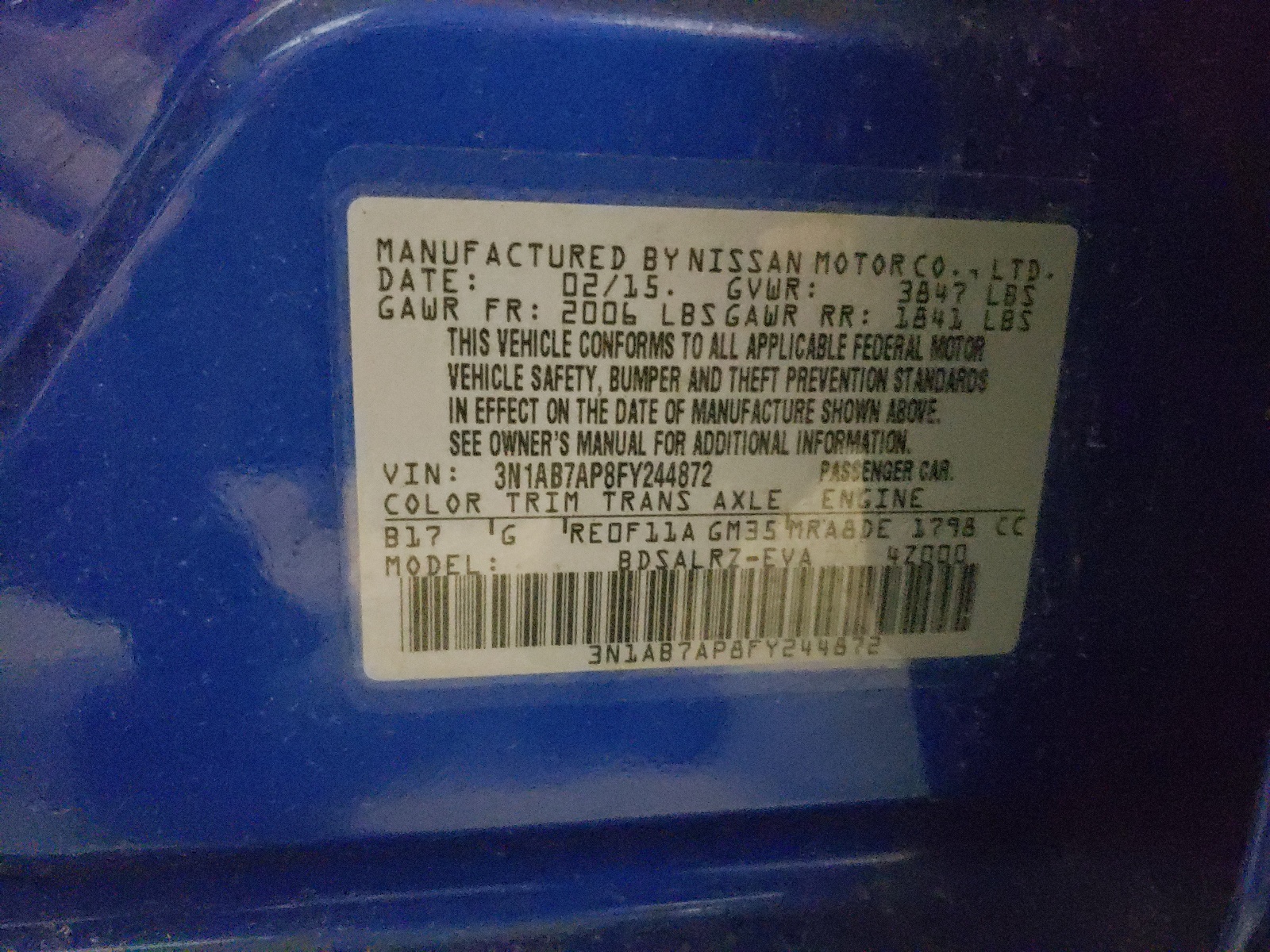 Photo 10 from auction – 2015 NISSAN SENTRA S with VIN 3N1AB7AP8FY244872