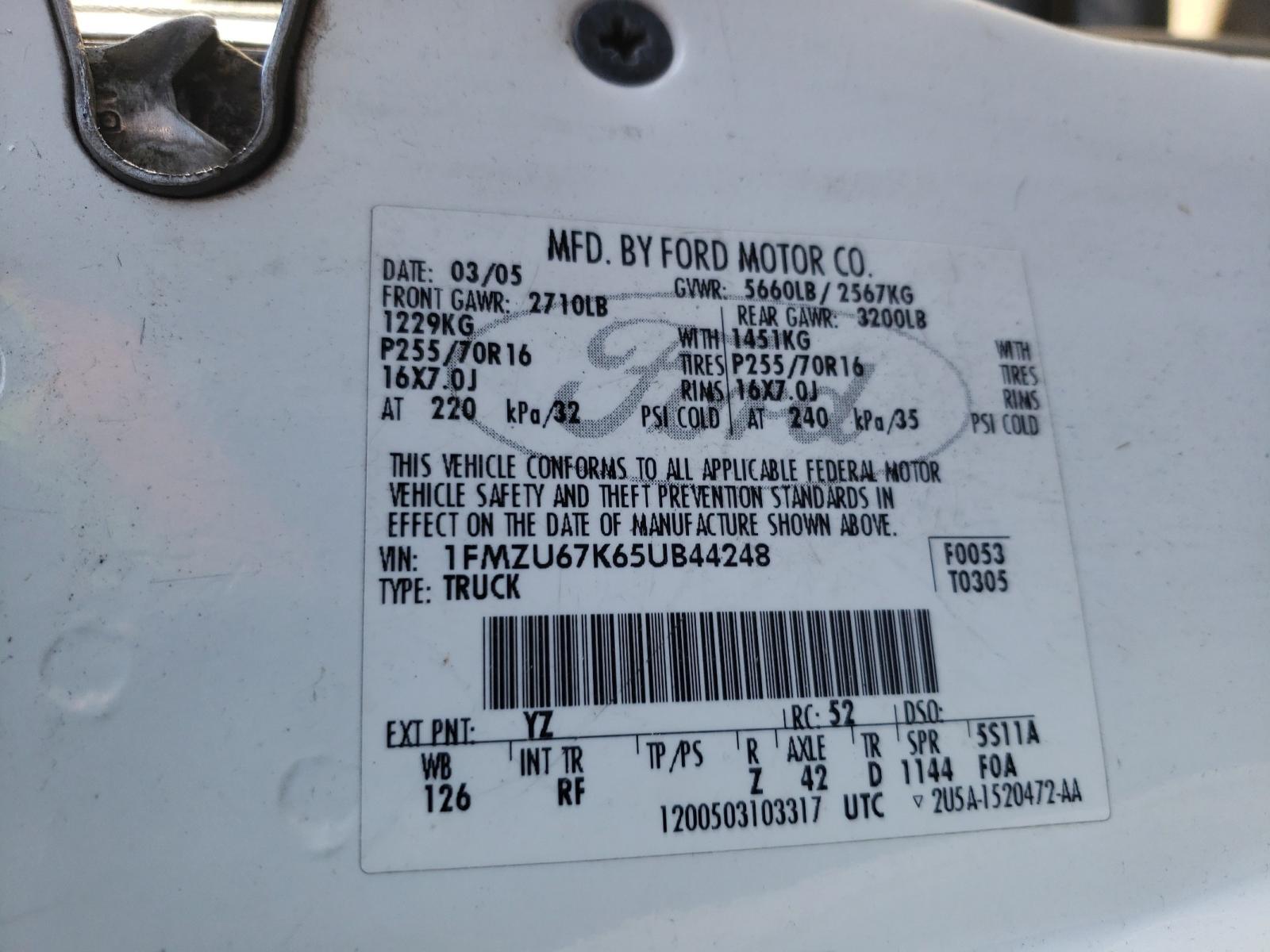 Photo 10 from auction – 2005 FORD EXPLORER S with VIN 1FMZU67K65UB44248