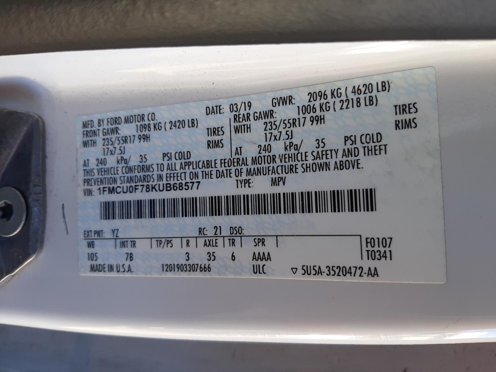 Photo 10 from auction – 2019 FORD ESCAPE S with VIN 1FMCU0F78KUB68577