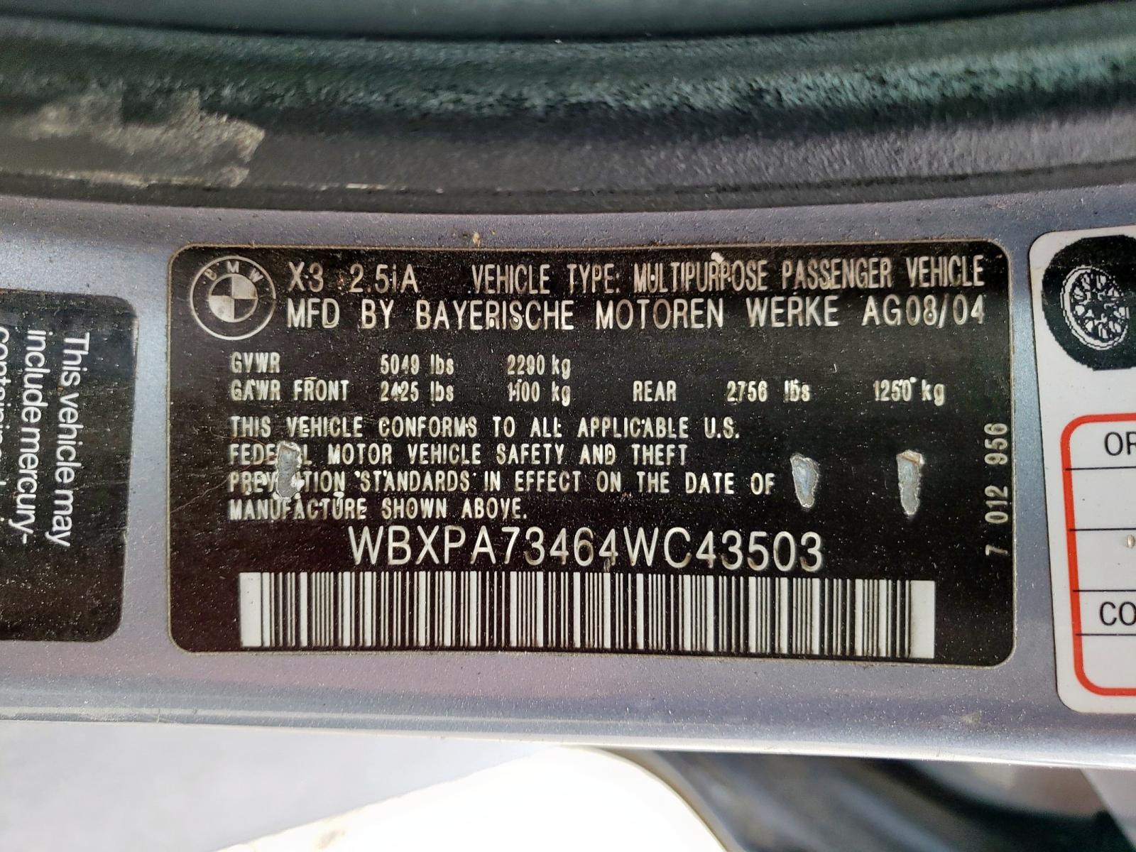 Photo 10 from auction – 2004 BMW X3 2.5I with VIN WBXPA73464WC43503
