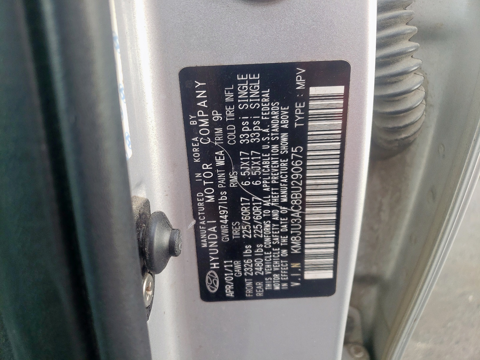 Photo 10 from auction – 2011 HYUNDAI TUCSON GLS with VIN KM8JU3AC8BU290675