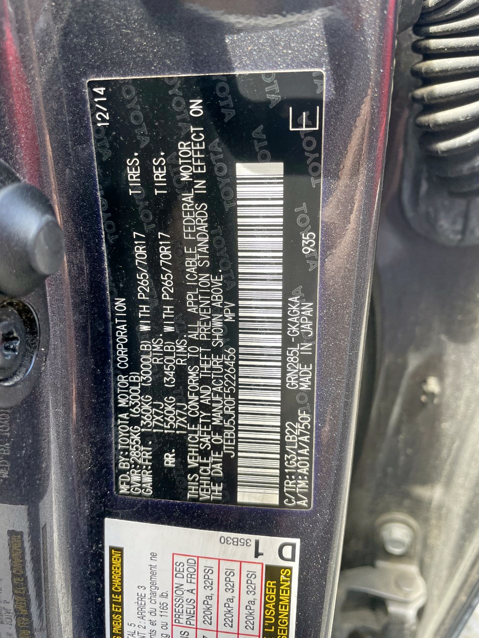 Photo 10 from auction – 2015 TOYOTA 4RUNNER SR with VIN JTEBU5JR0F5226456