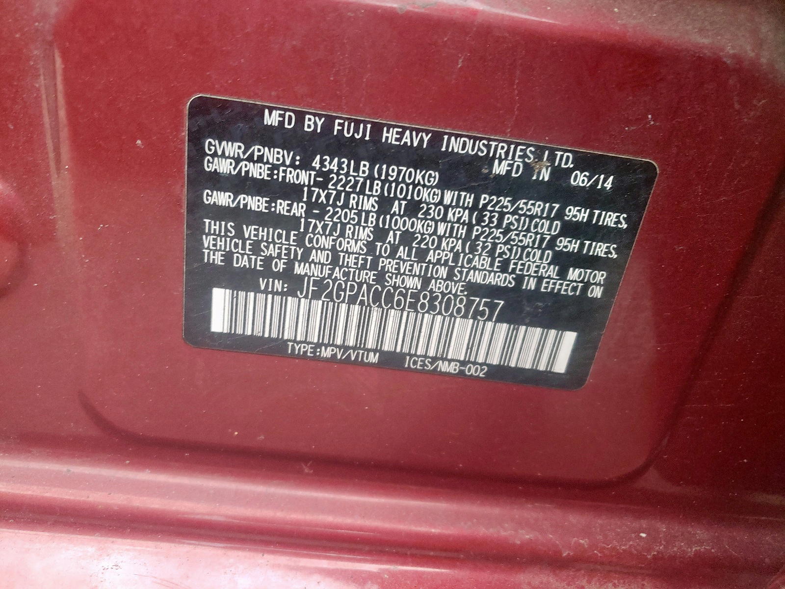 Photo 10 from auction – 2014 SUBARU XV CROSSTR with VIN JF2GPACC6E8308757